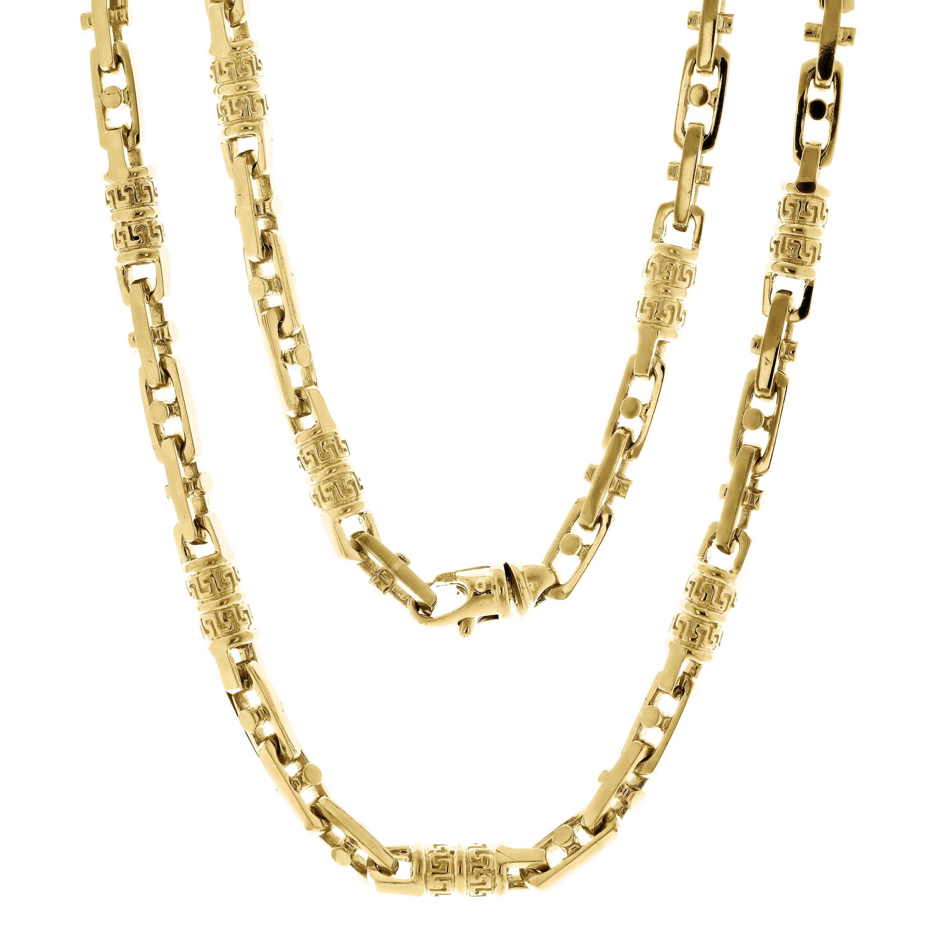 14k Yellow Gold Handmade Greek Key Barrell Link Necklace 20" 7.5mm 105.2 grams - 20" 105.2 grams
