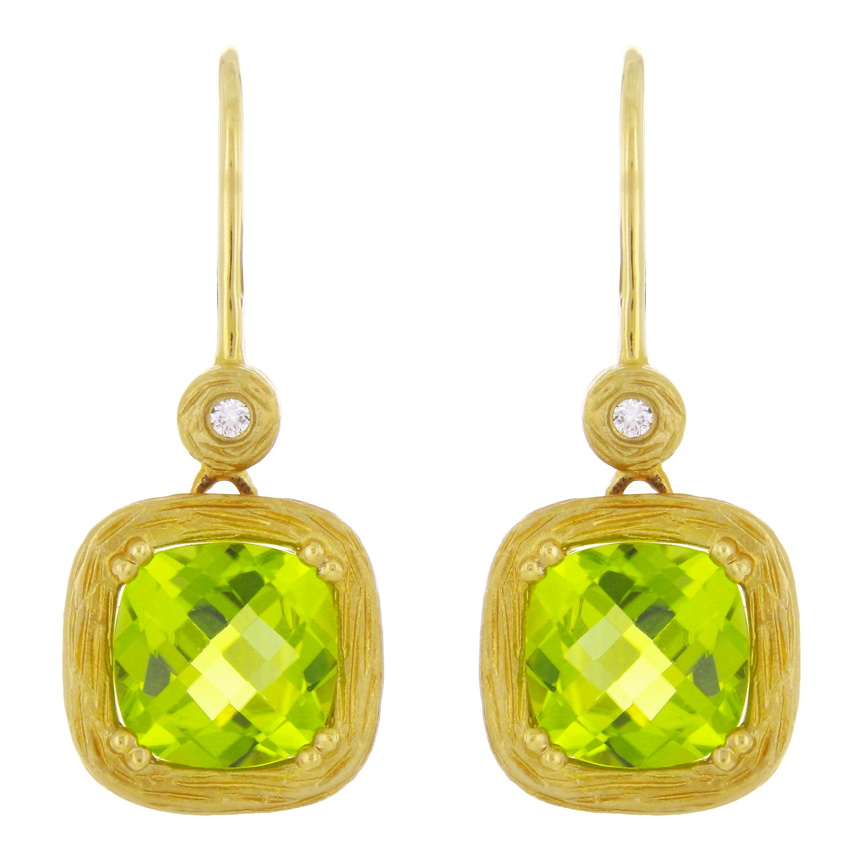 14k Yellow Gold Satin Finish Peridot & Diamond Dangle Drop Earrings