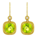 14k Yellow Gold Satin Finish Peridot & Diamond Dangle Drop Earrings