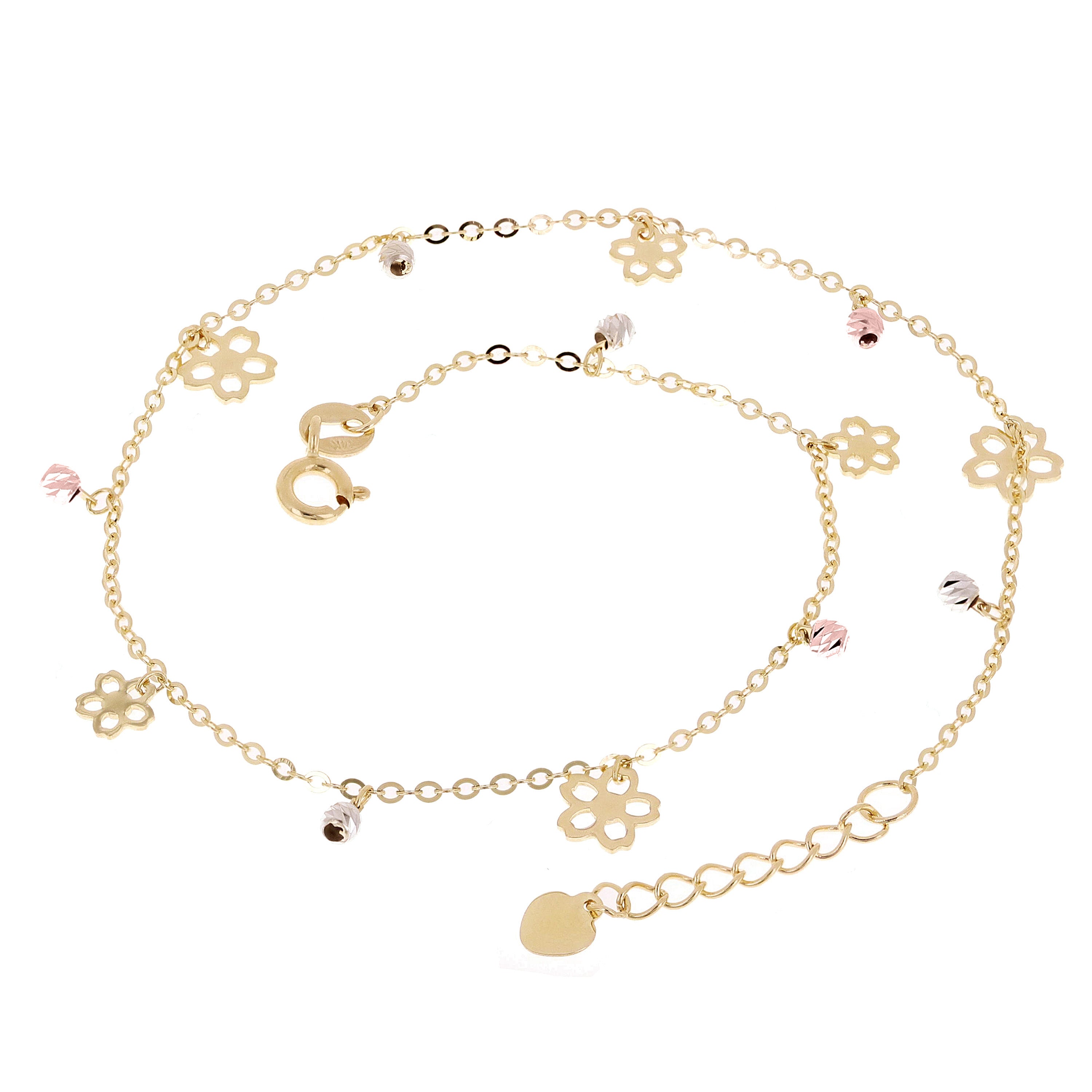 Italian 14k Tri Color Gold Flower & Ball Beads Charm Anklet Bracelet 10" 2 grams - Tri-Color