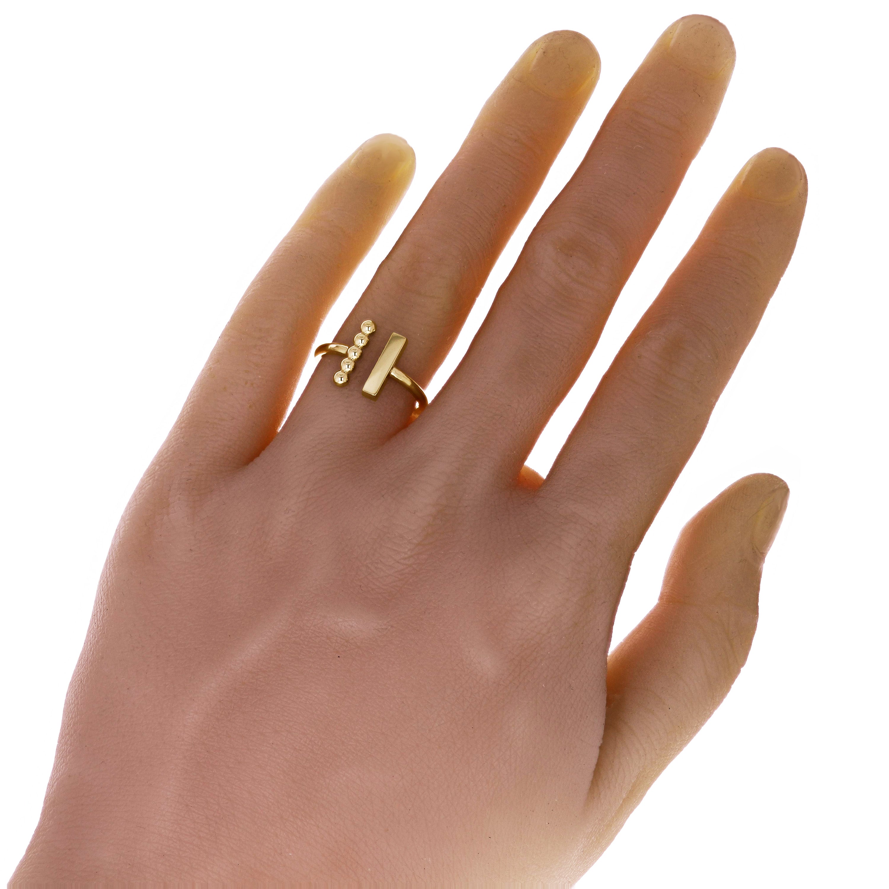 14k Yellow Gold Split Balls & Bar Geometric Minimal Open Ring Size 7.5-3.7 grams