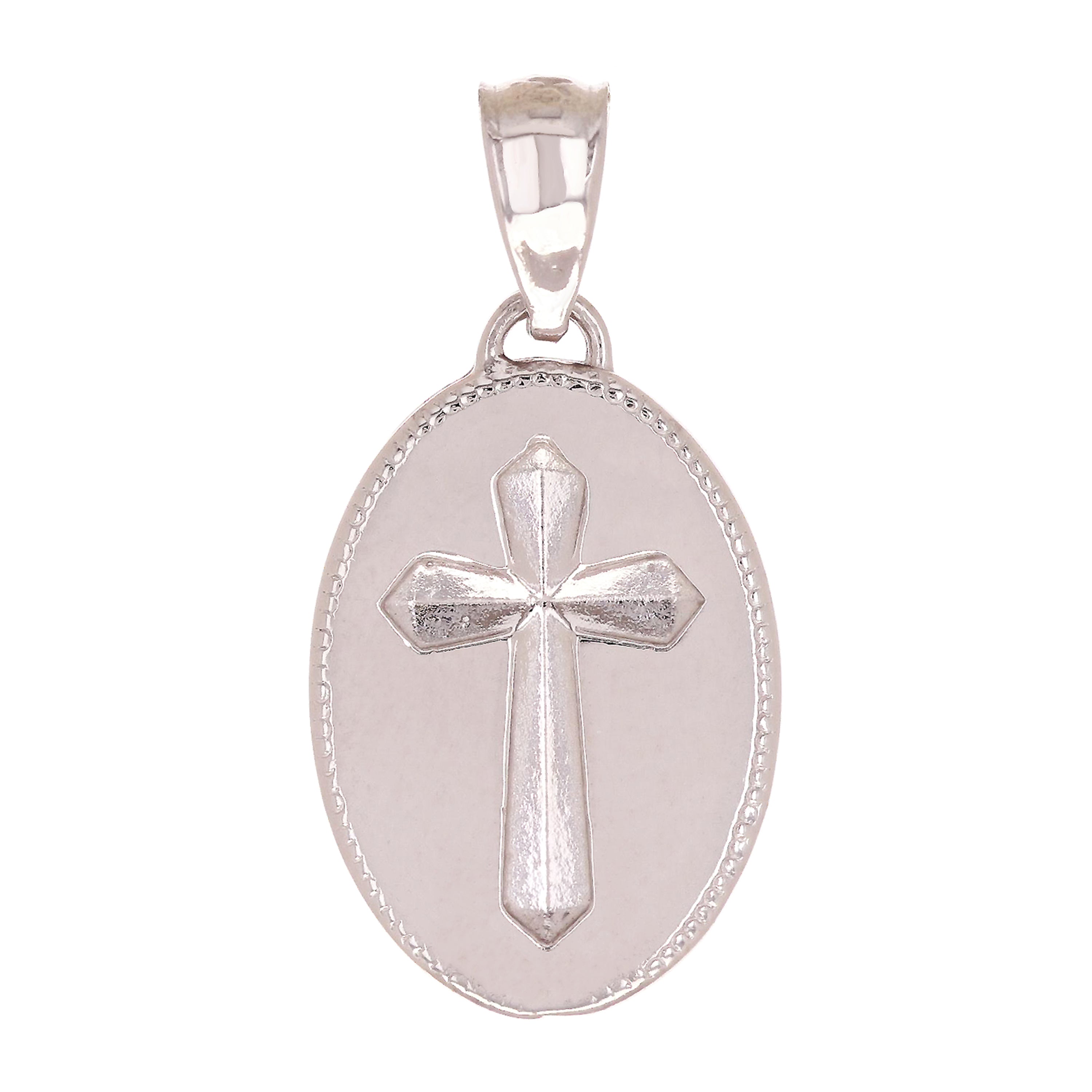 14k White Gold Oval Cross Medal Charm Pendant 2.9 grams