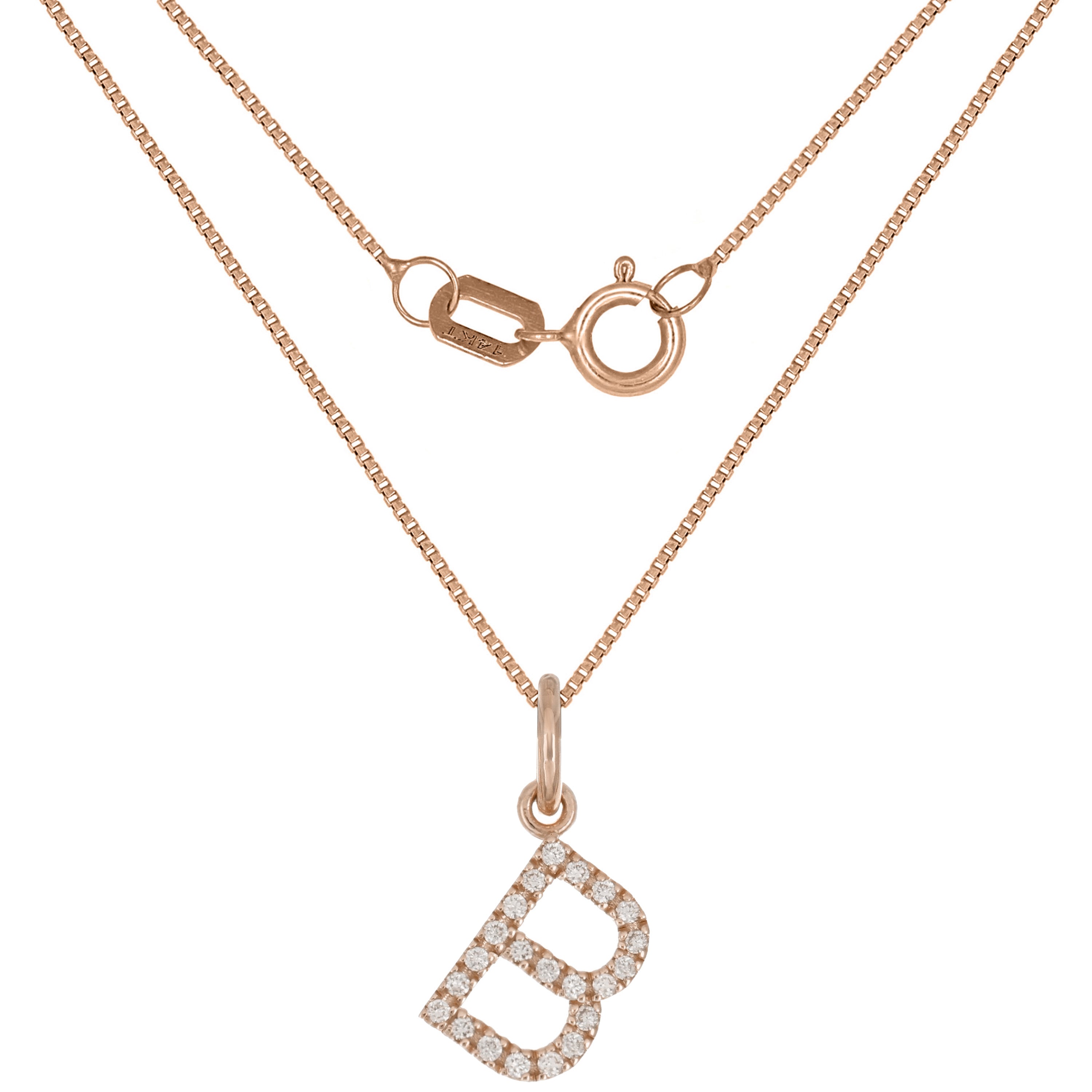 14k Rose Gold Diamond Initial Letter B Charm Pendant Necklace 18" - Letter B,Rose