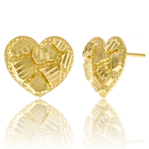 14k Yellow Gold Diamond Cut Nugget Heart Stud Earrings 11.8mm x 13.8mm 2.2 grams