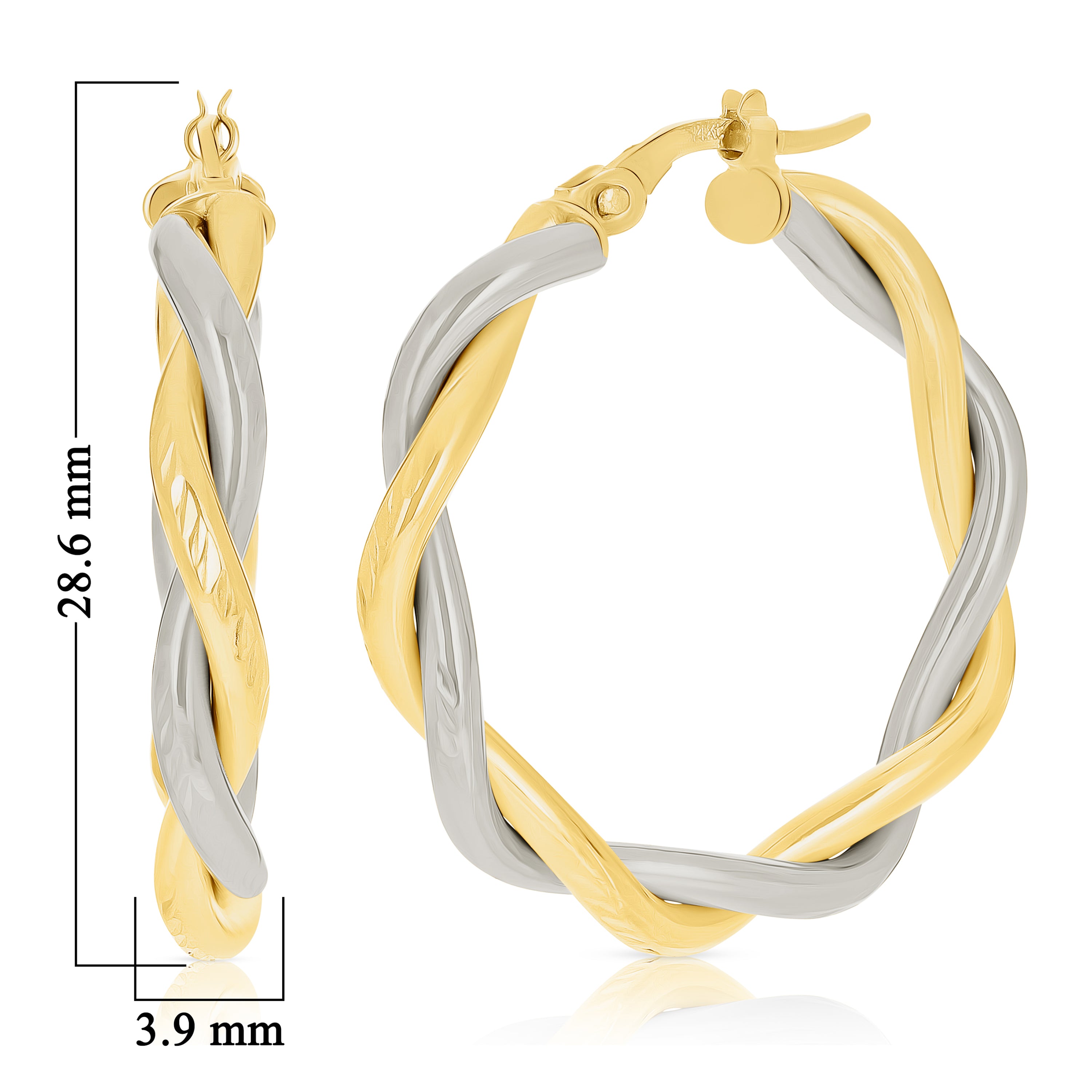 Italian 14k Yellow & White Gold Twisted Diamond Cut Medium Hollow Hoop Earrings