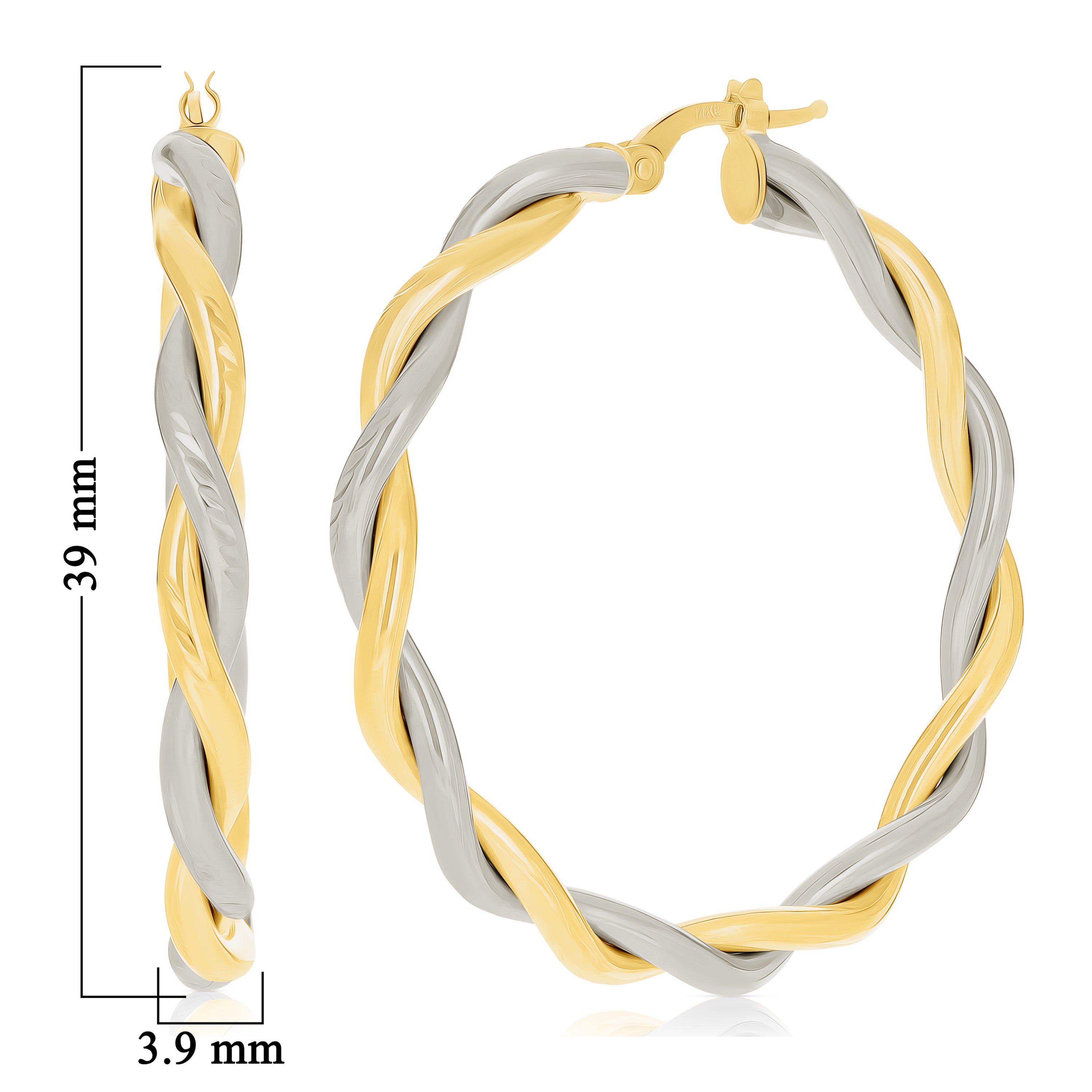 Italian 14k Yellow & White Gold Twisted Diamond Cut Large Hollow Hoop Earrings