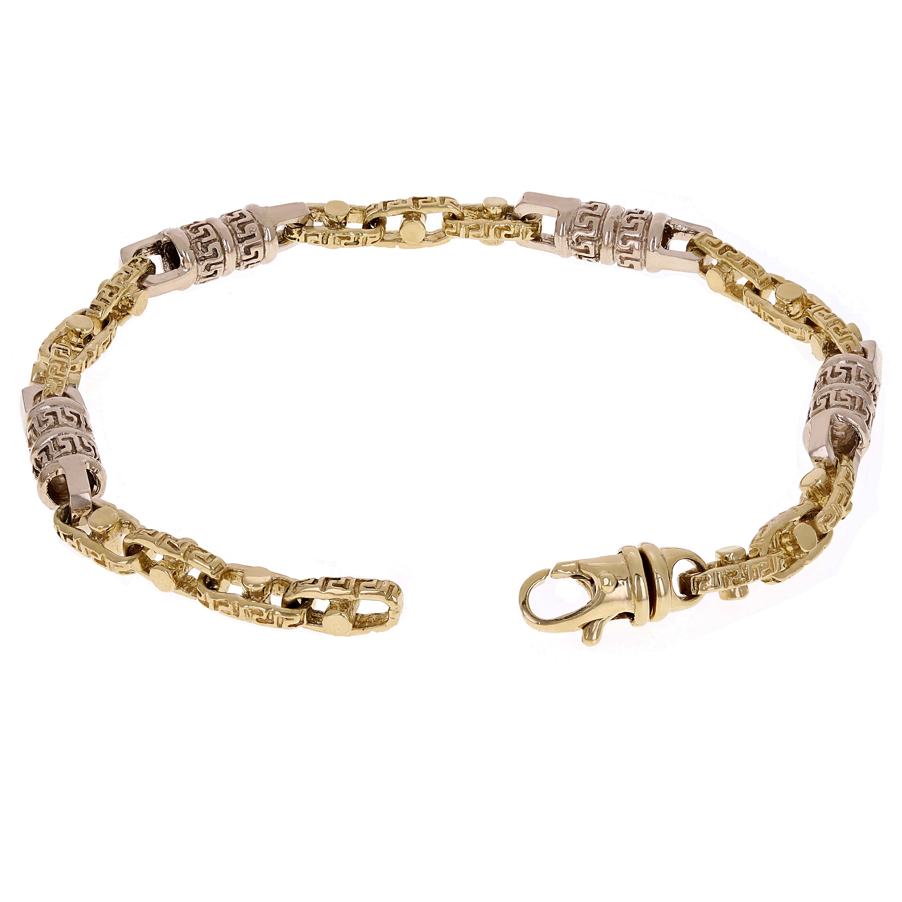 10k Yellow & White Gold Greek Barrell & Links Gold Bracelet 7" 7.5mm 25.5 grams - 7" 25.5 grams