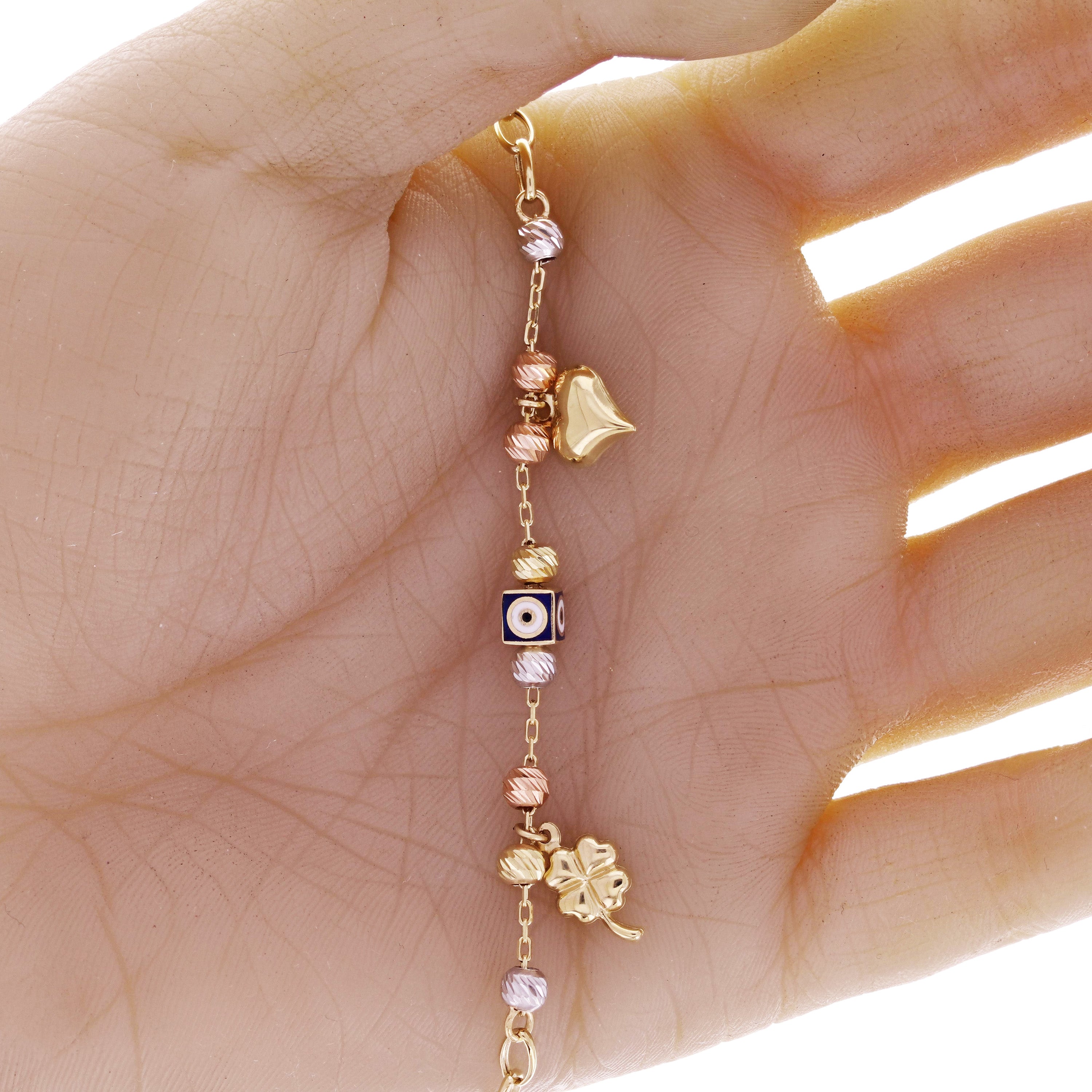 Italian 14k Tri Color Gold Evil Eye Heart Clover Leaf Charm Bracelet 8" 4.5grams