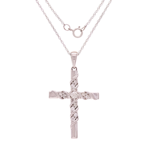 14k White Gold 0.31ctw Diamond Bright Shine Ribbon Twist Cross Pendant Necklace