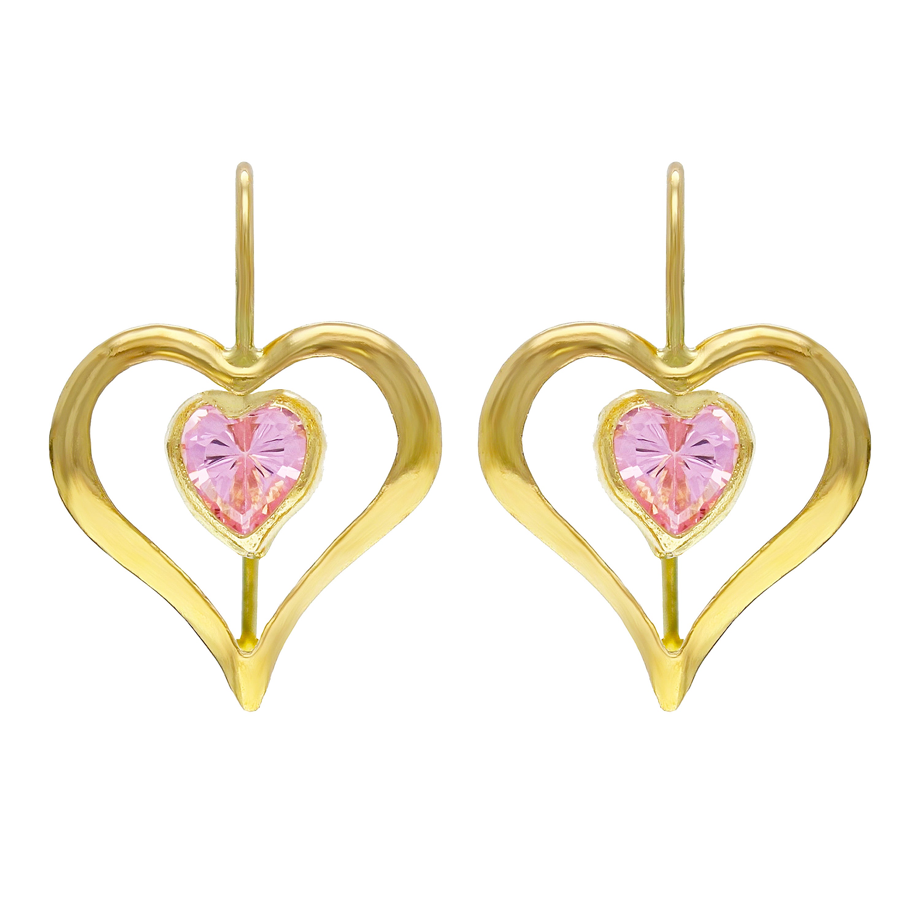 14k Yellow Gold Pink Ice Crystal Heart Dangle Kidney Wire Earrings