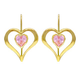 14k Yellow Gold Pink Ice Crystal Heart Dangle Kidney Wire Earrings