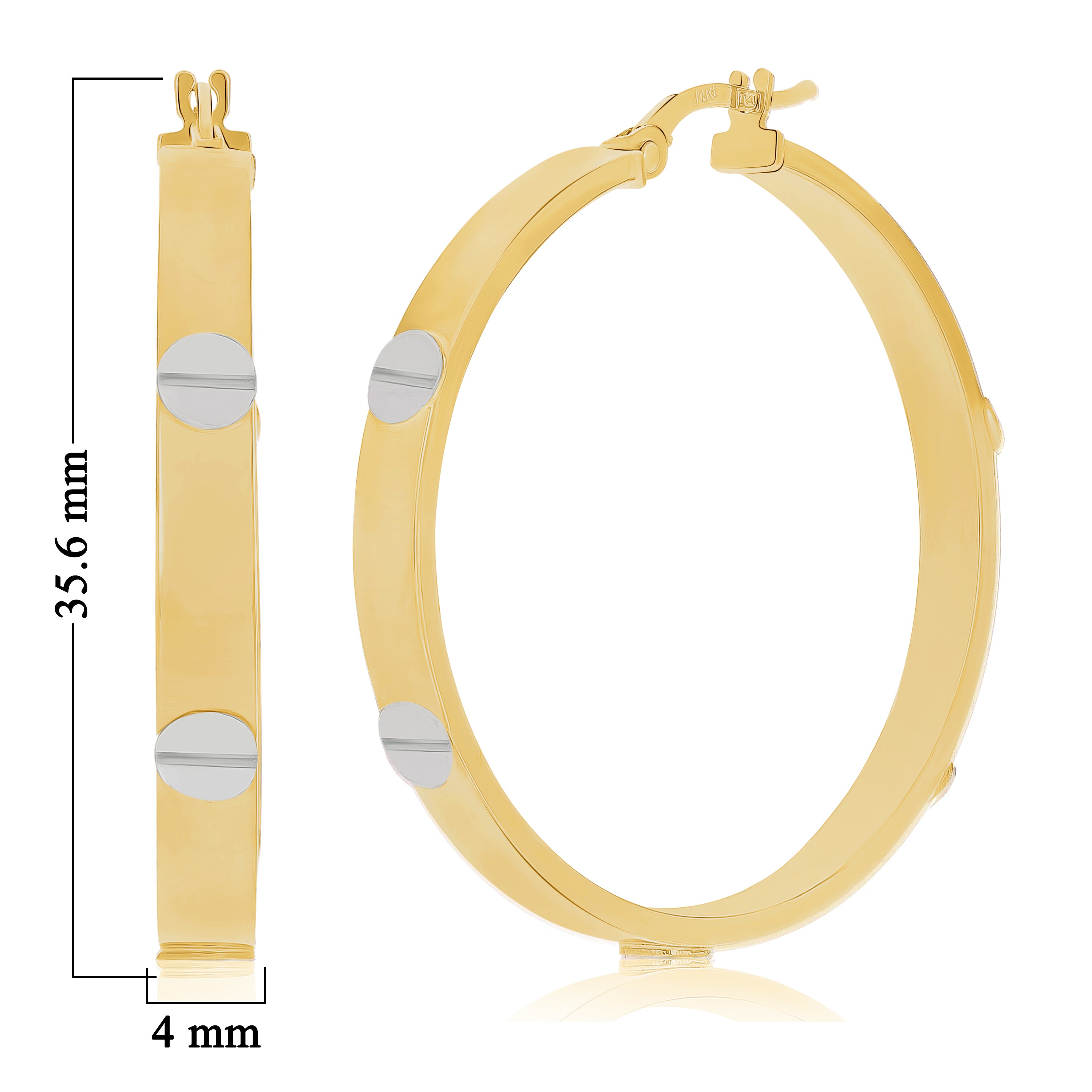 Italian 14k Yellow & White Gold Love Screw Design Large Hollow Hoop Earrings - Style3 Large