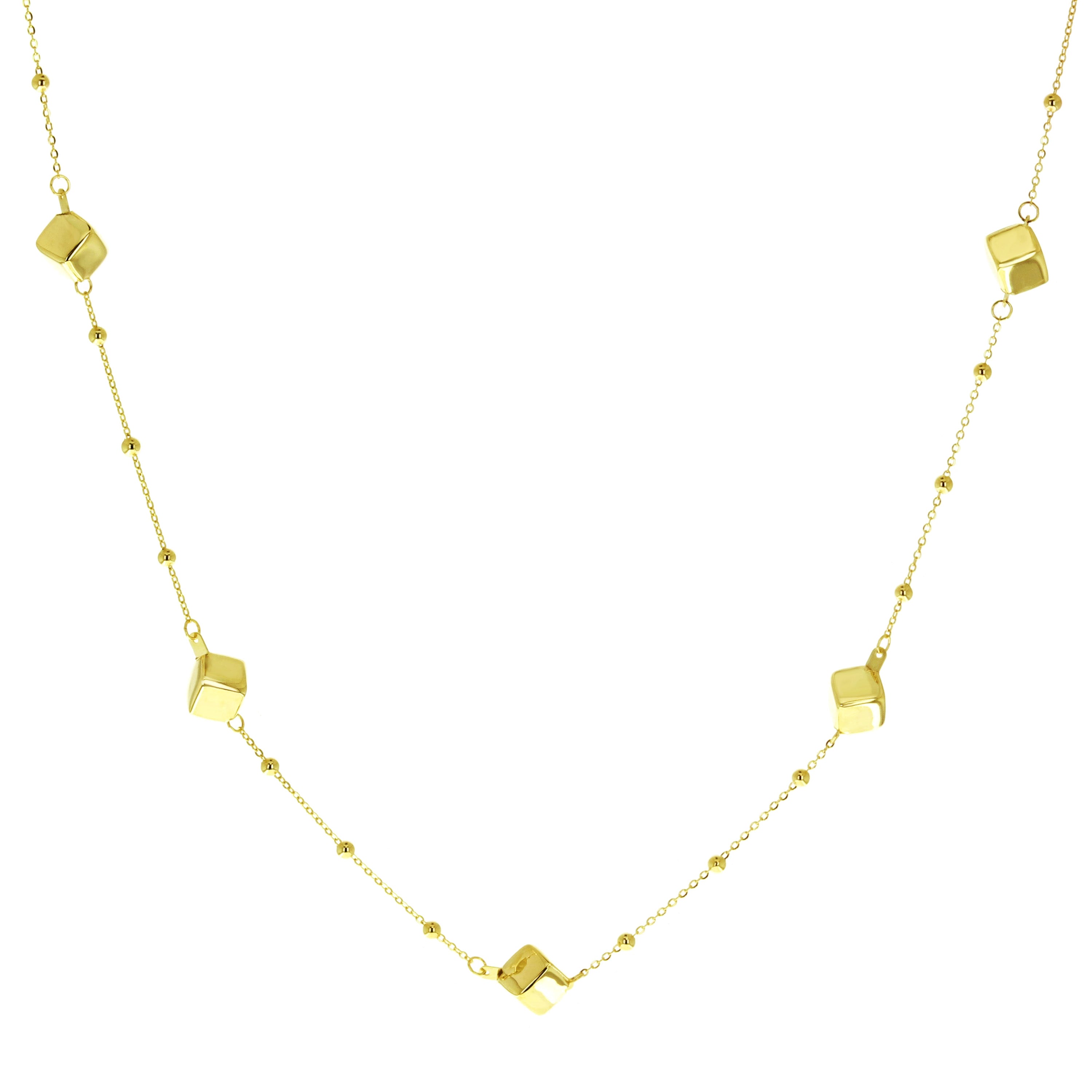 Italian 14k Yellow Gold Square & Ball Beads Station Necklace 18" 5mm 2.7 grams