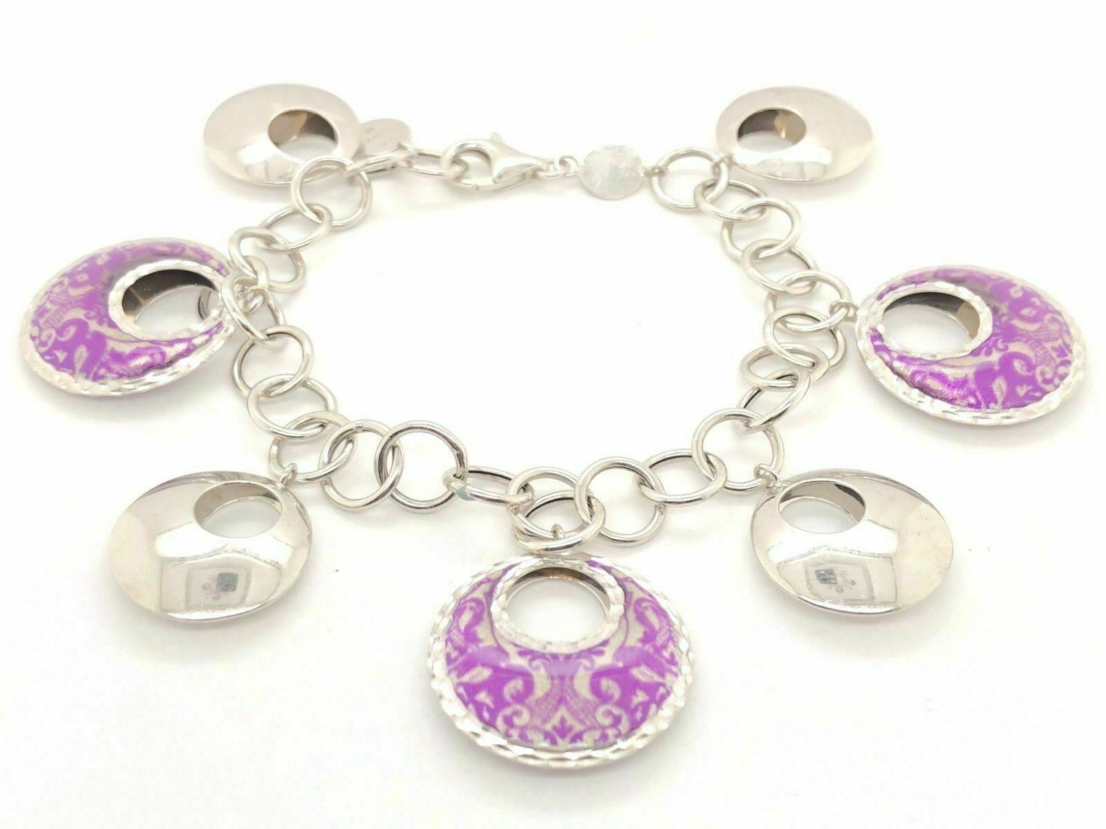 Italian 14k White Gold Fancy Round Charm Bracelet 7.5" 20.9 grams