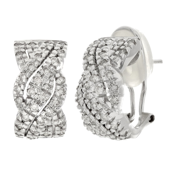 18k White Gold 0.94ctw Diamond Pave Braided Twisted Half Hoop Earrings