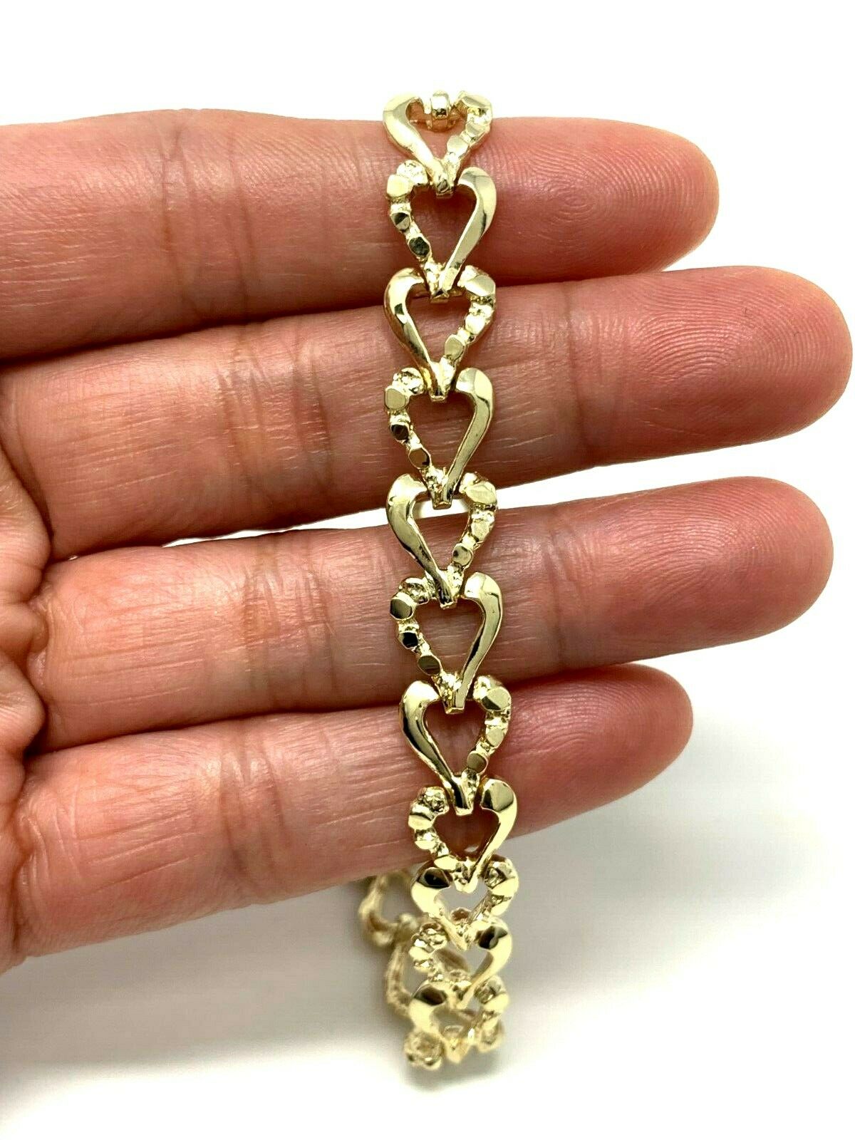 10k Yellow Gold Half Plain & Heart Nugget Bracelet 7" 8.6mm 11.5 grams - Yellow,7"