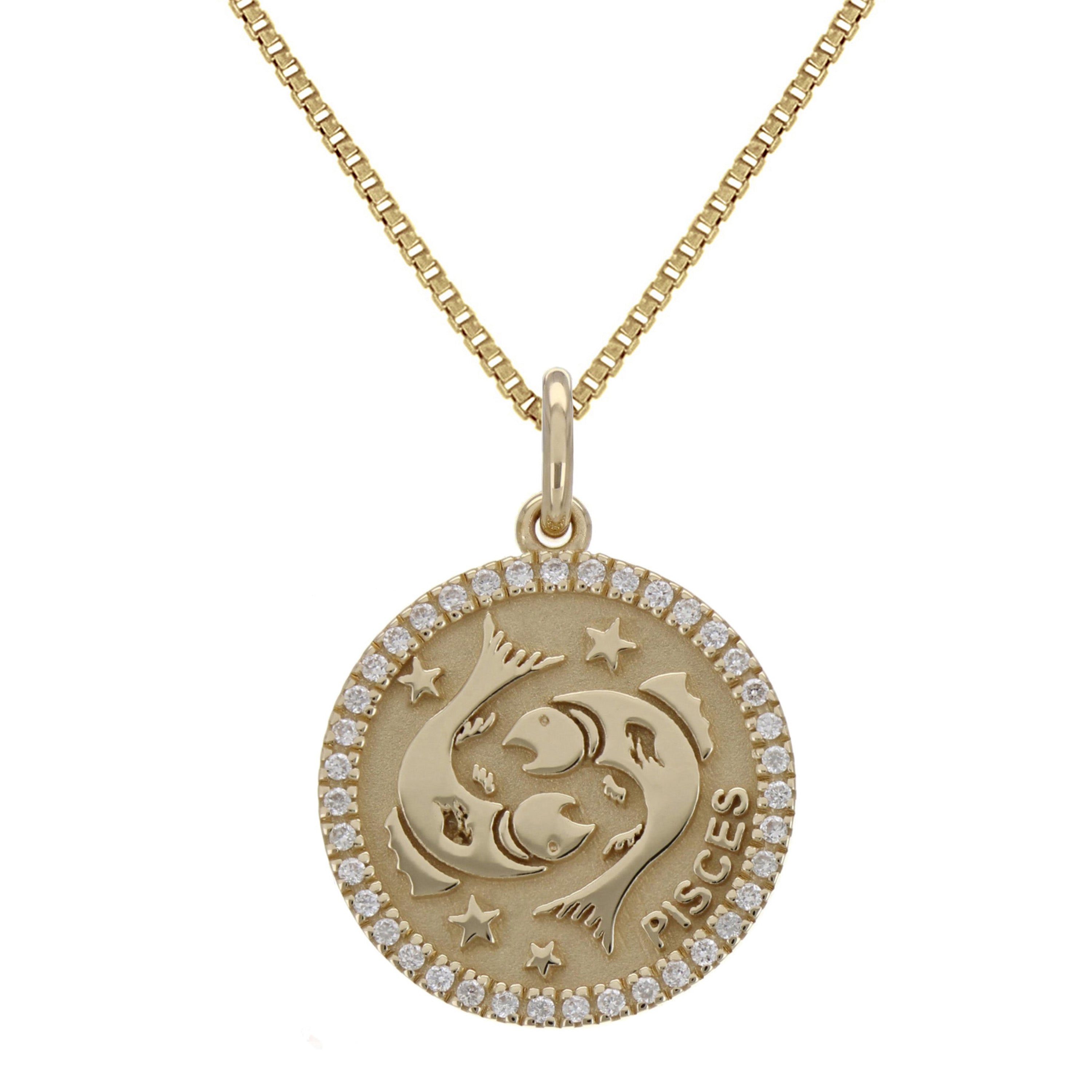 14k Yellow White or Rose Gold Diamond PISCES Zodiac Sign Pendant Necklace 18" - Pisces,Yellow