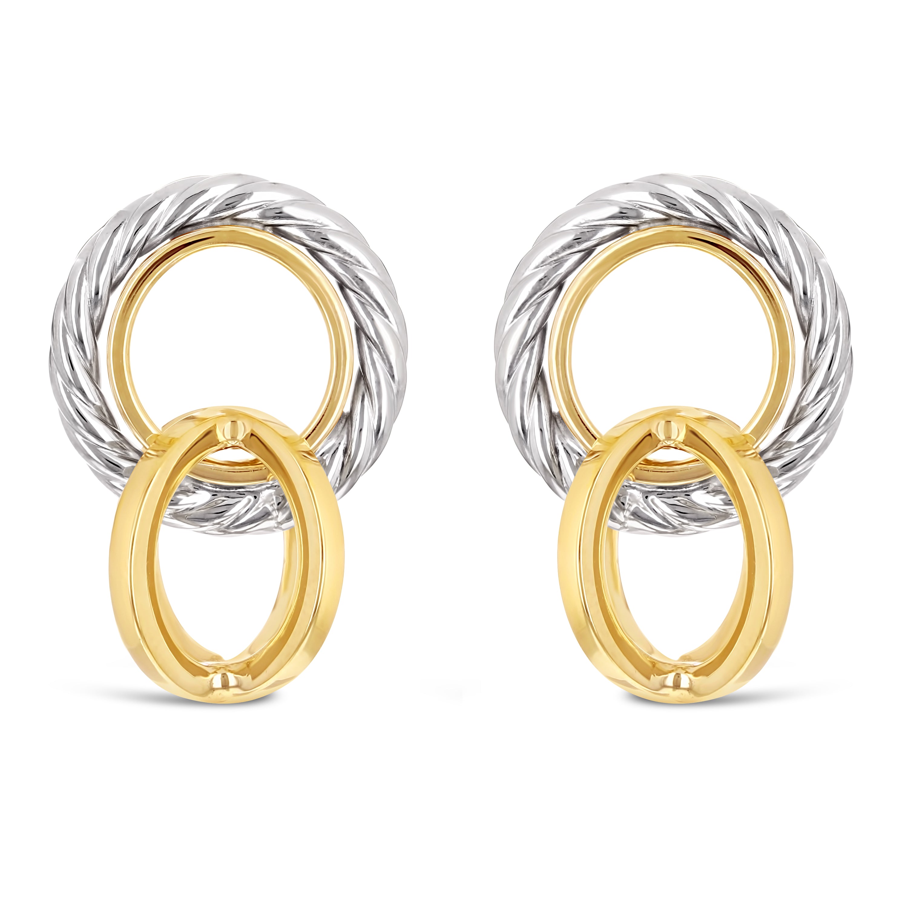 Italian 14k Yellow & White Gold Tangent Hoop Rope Eternity Circle Drop Earrings - Tangent Rope Eternity