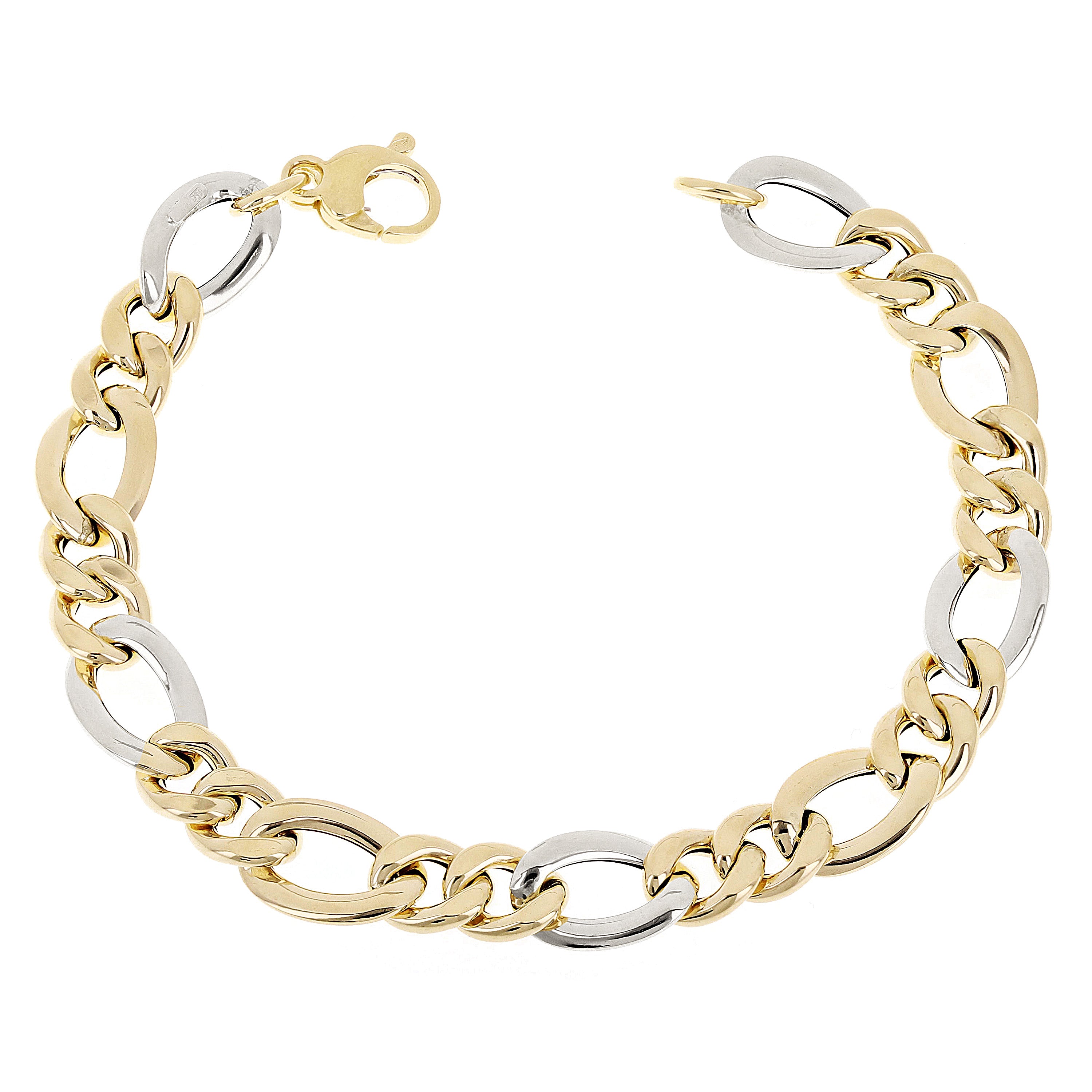 Italian 14k Yellow & White Gold Hollow Figaro Chain Bracelet 7.5" 8.5mm 4.7 grams