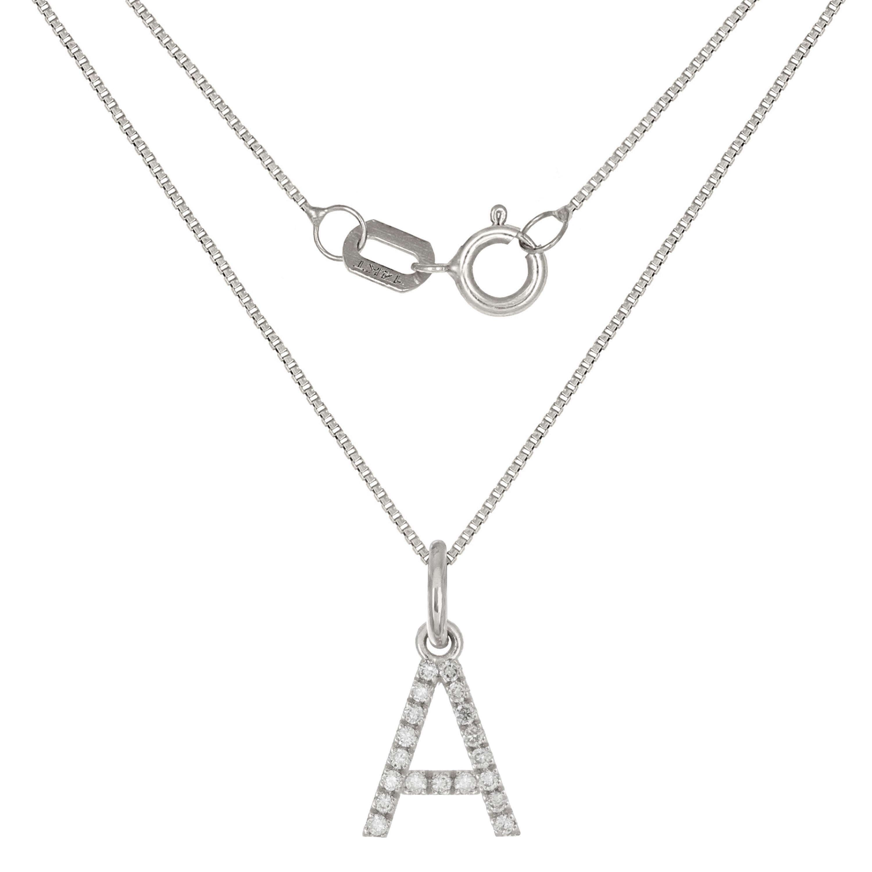 14k White Gold Diamond Initial Letter A Charm Pendant Necklace 18" - Letter A,White