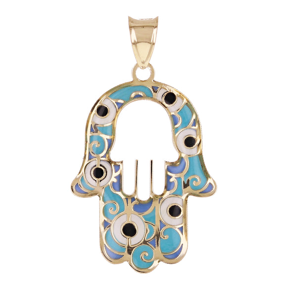 Italian 14k Yellow Gold Blue Enamel Hamsa Hand Charm Pendant 29.5mmx16.8mm 0.5g - Medium