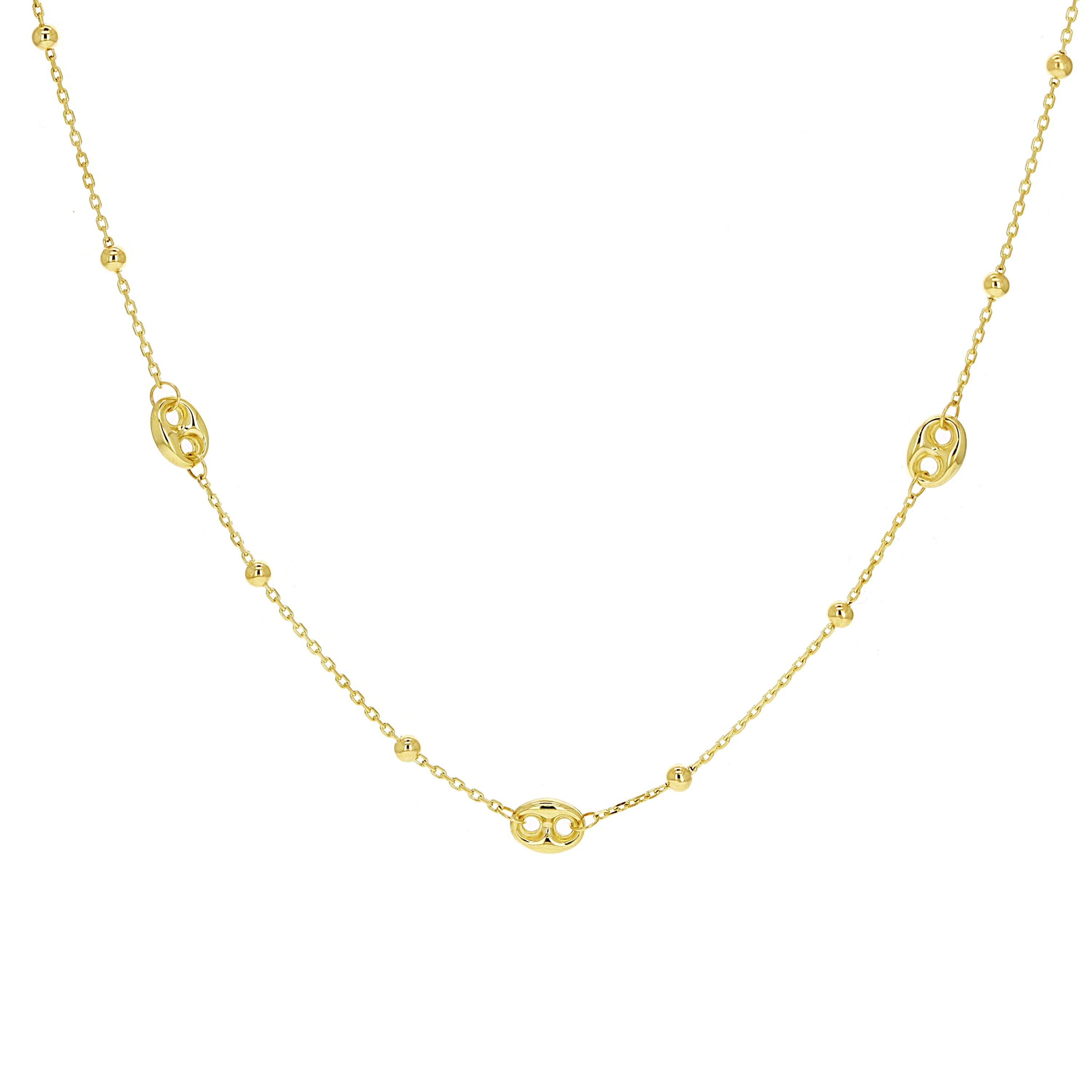 Italian 14k Yellow Gold Ball Bead Puff Charm Anchor Chain Station Necklace 18" 3.2 grams