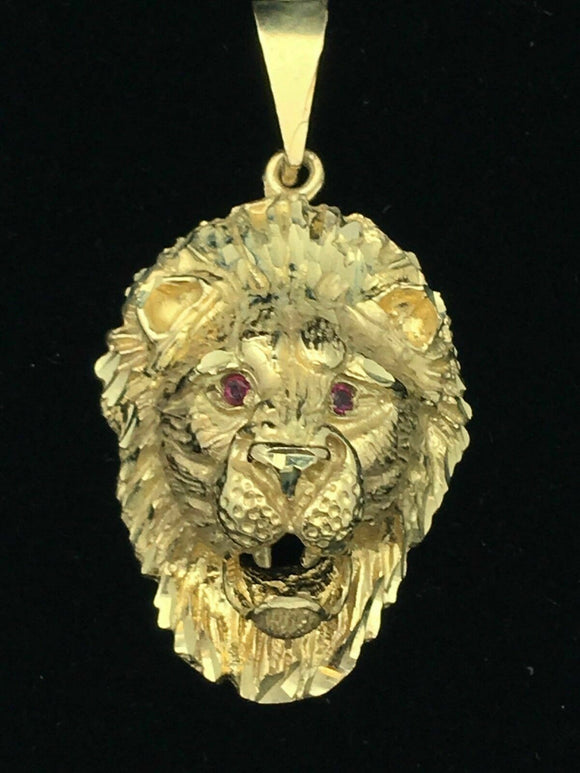 14k Yellow Gold Diamond Cut Lion Head Charm Pendant with Ruby Eyes 10.5-11 grams