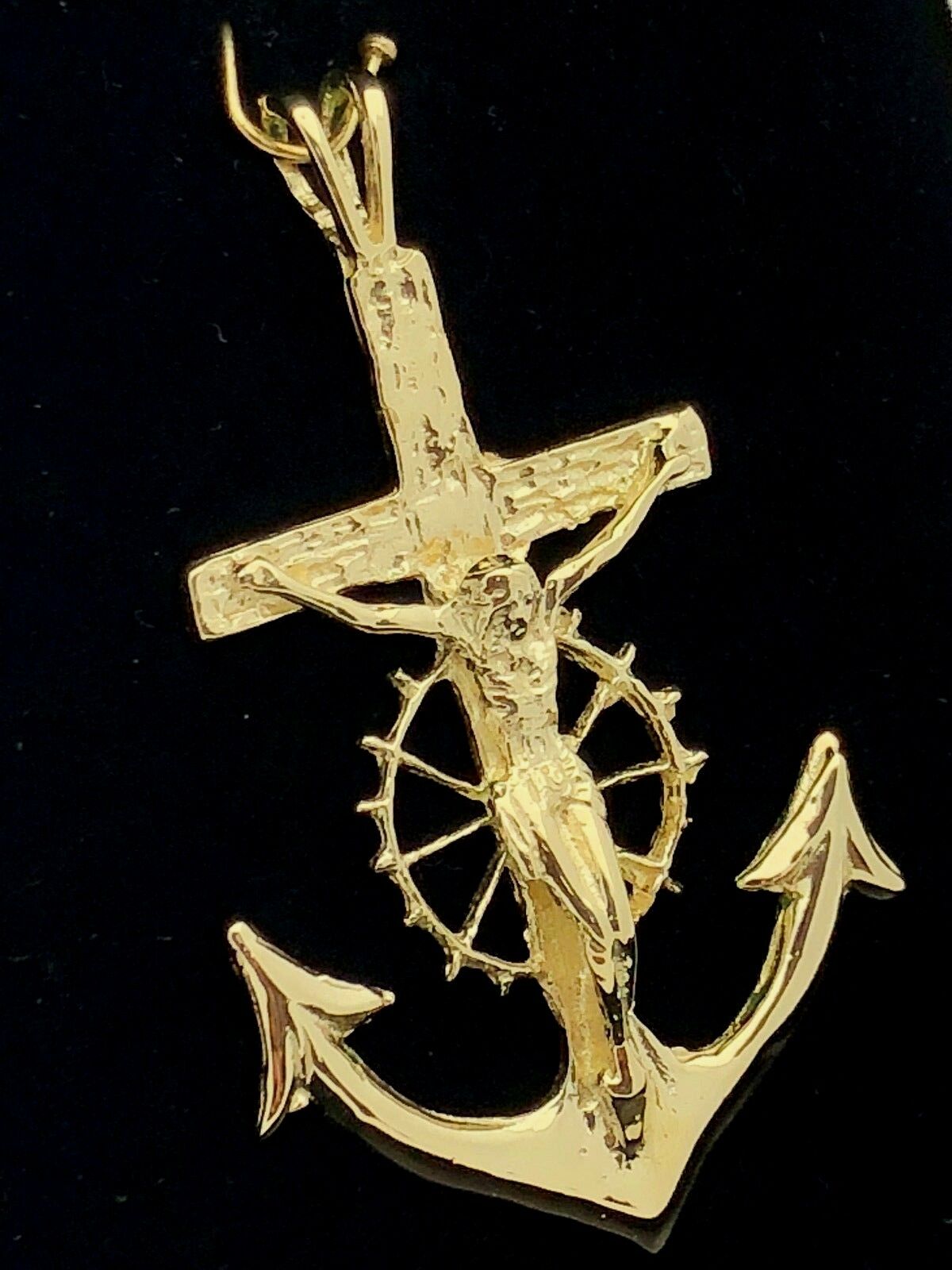 10k Yellow Gold Jesus Crucifix Wheel Mariners Anchor Cross Pendant 1.85" 4.7g