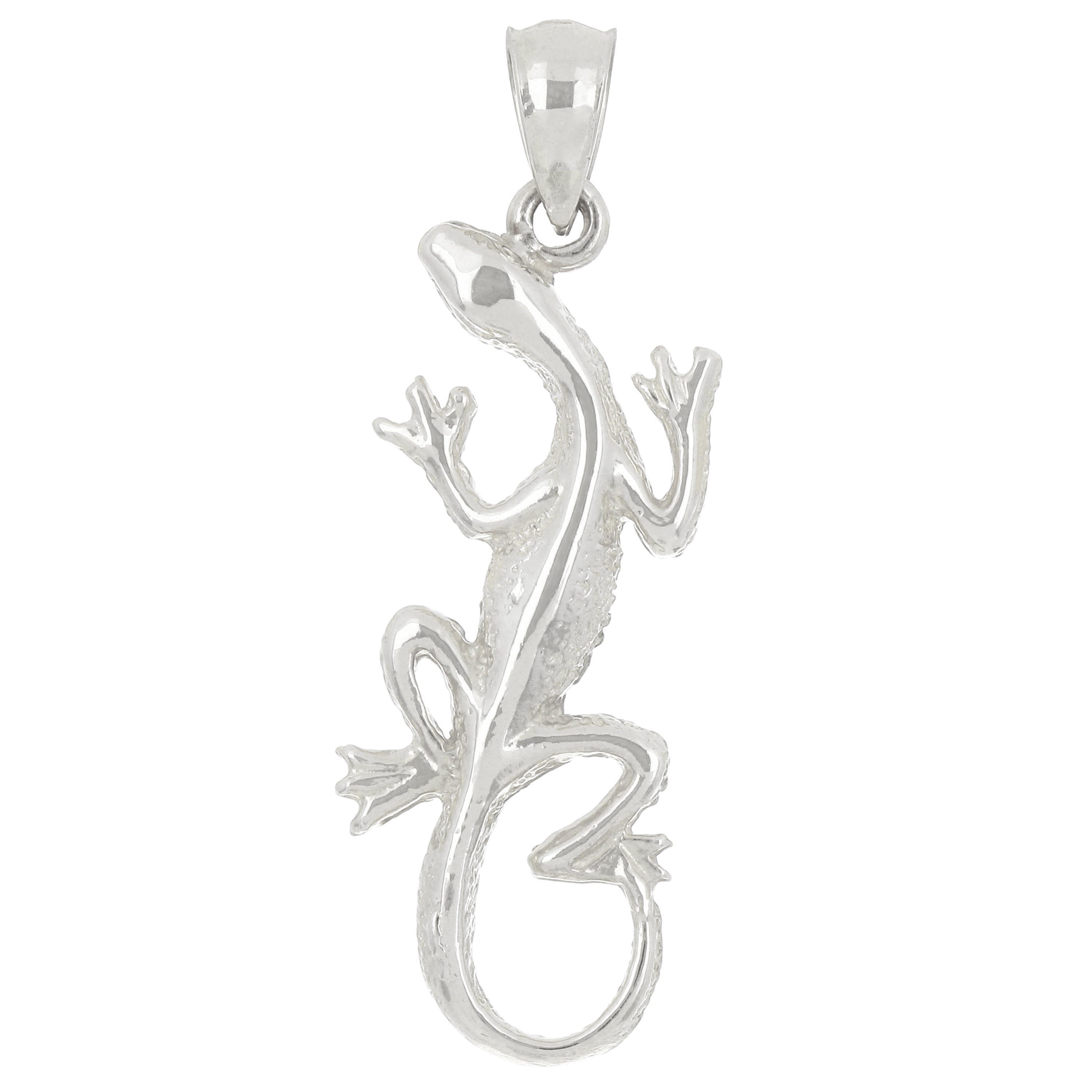 14k White Gold Solid Polished Gecko Lizard Reptile Charm Pendant 1.3" 1.6 grams - White