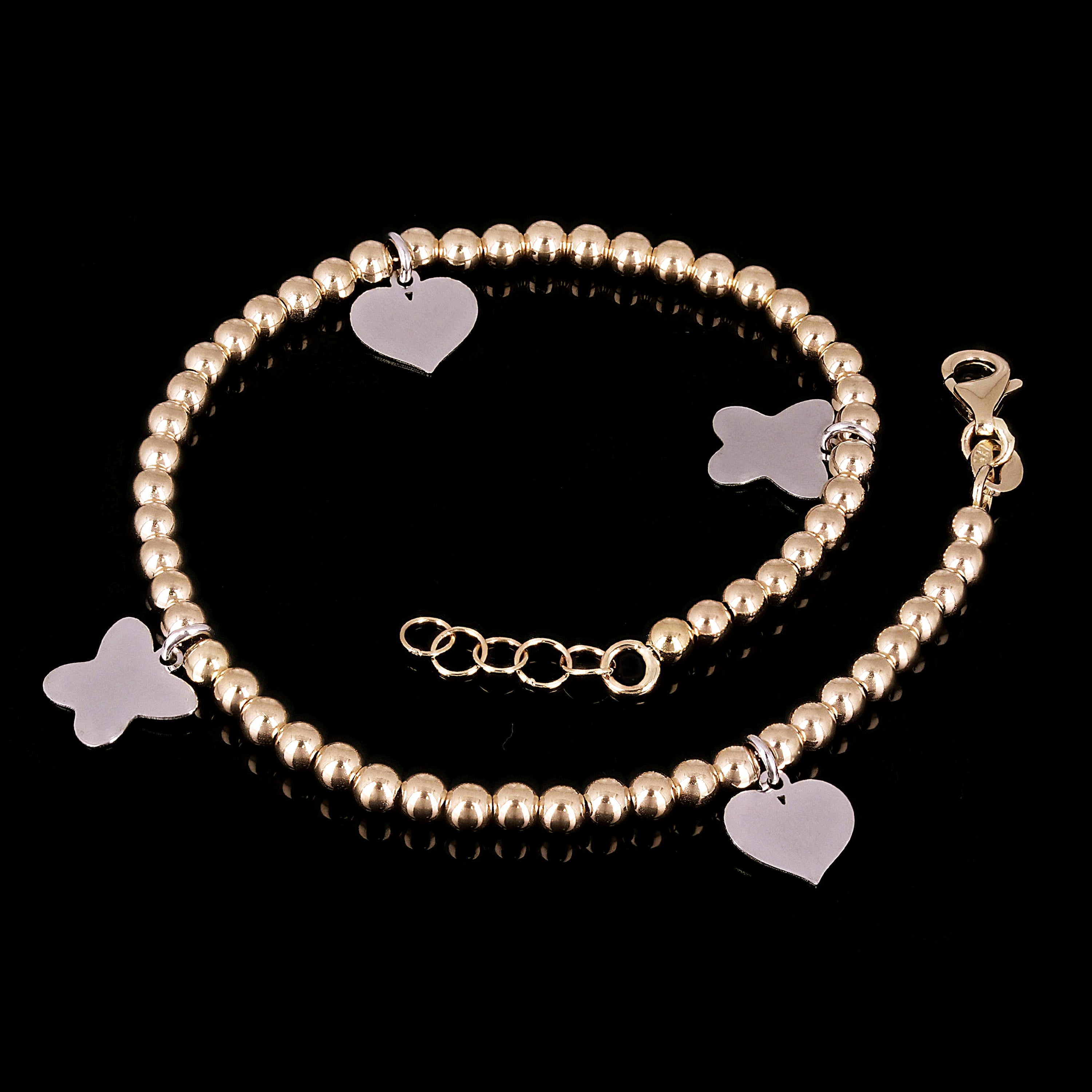 Italian 14k Two Tone Gold Ball Bead Bracelet with Butterfly & Heart Charms 7.75"
