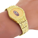 14k Yellow Gold Lady of Guadalupe Geneve Diamond Watch Nugget Band 7-7.5" 53 grams - 7.5" 53 grams