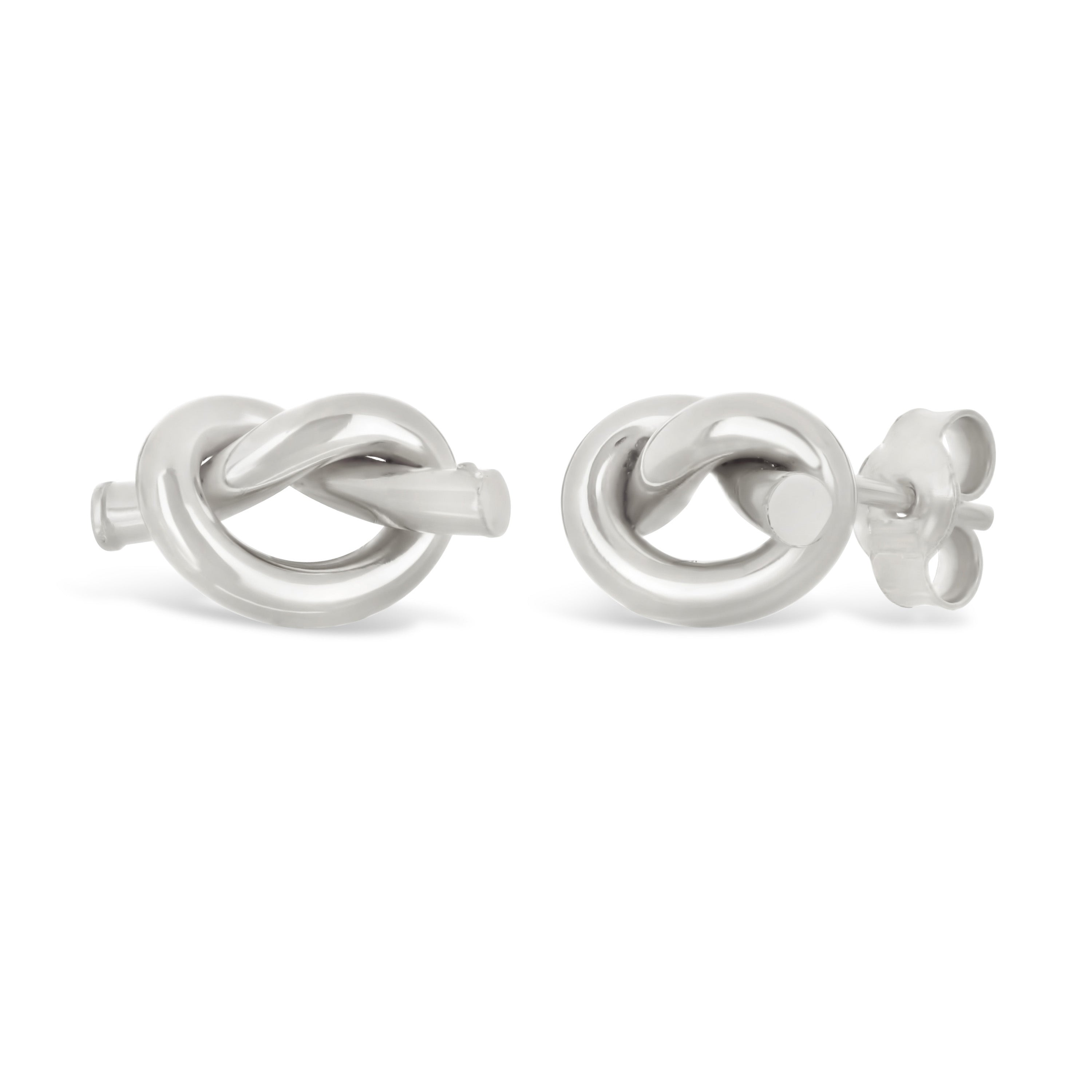Italian 14k White Gold Shiny Petite Pretzel Love Knot Tubular Stud Earrings - White,Medium