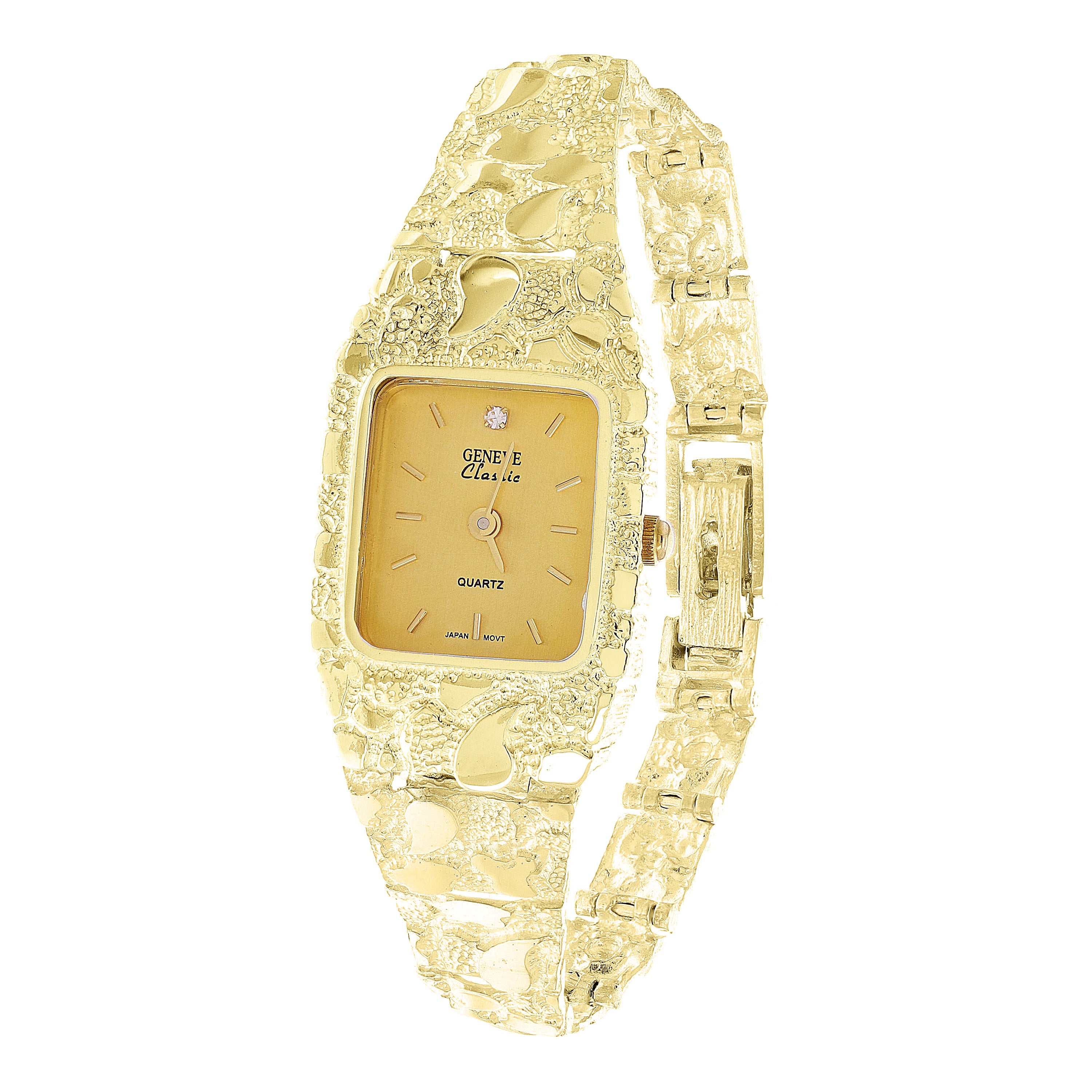 Women's 10k Yellow Gold Nugget Link Bracelet Geneve Diamond Wrist Watch 7.5"