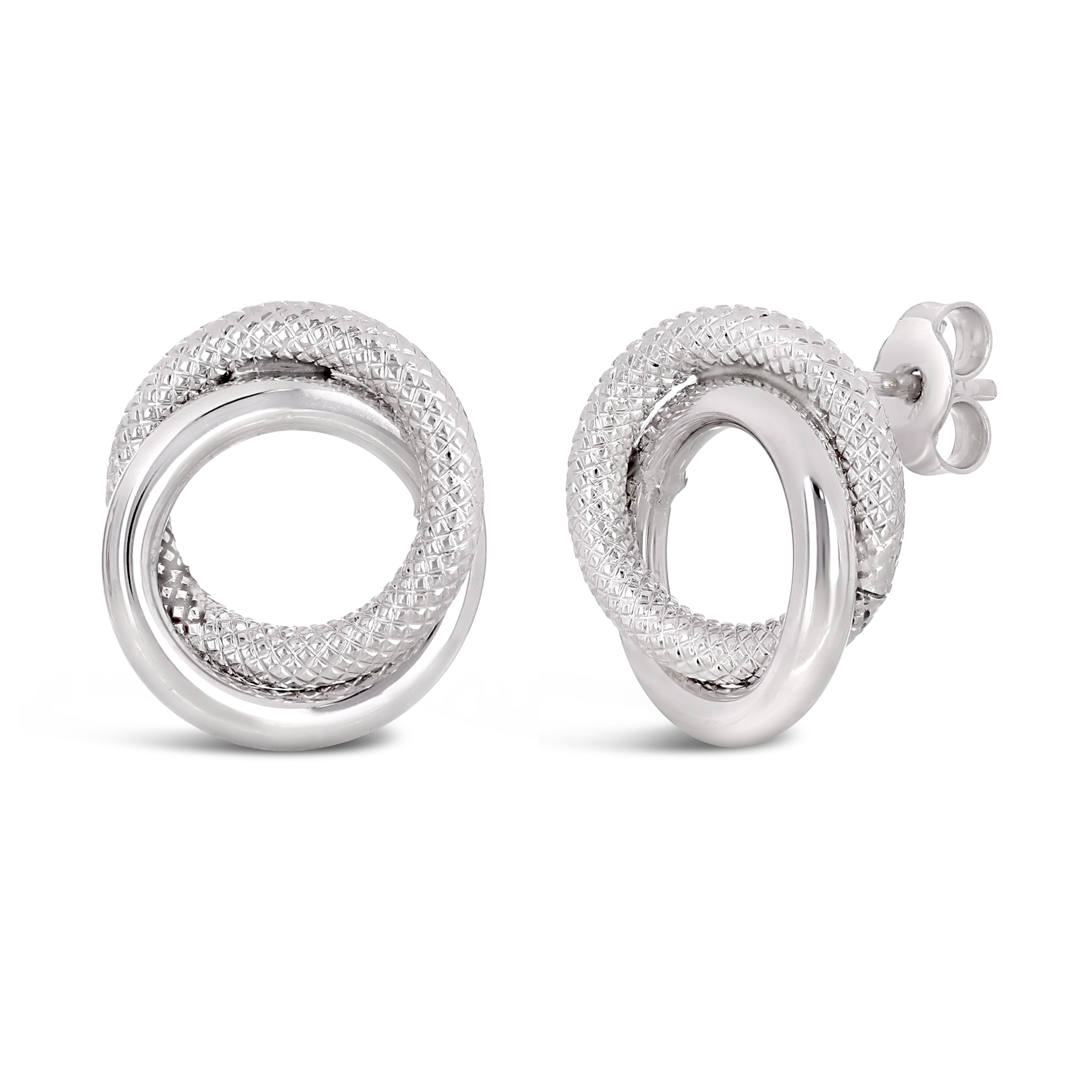 Italian 14k White Gold Rope Shiny Double Eternity Circle Knot Stud Earrings - White
