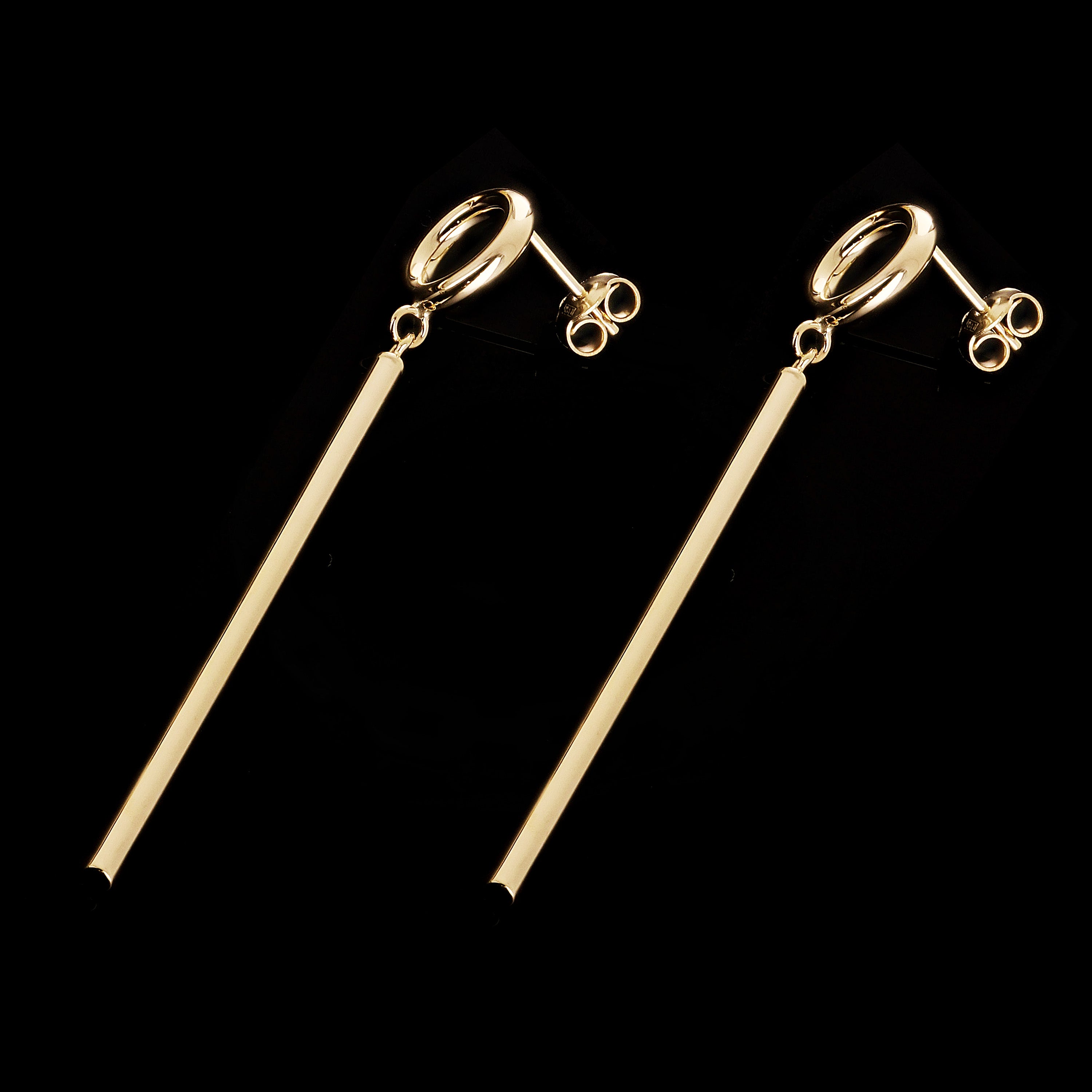 Italian 14k Yellow Gold Round & Tube Bar Dangle Drop Earrings 2.4" 2mm 1.6 grams