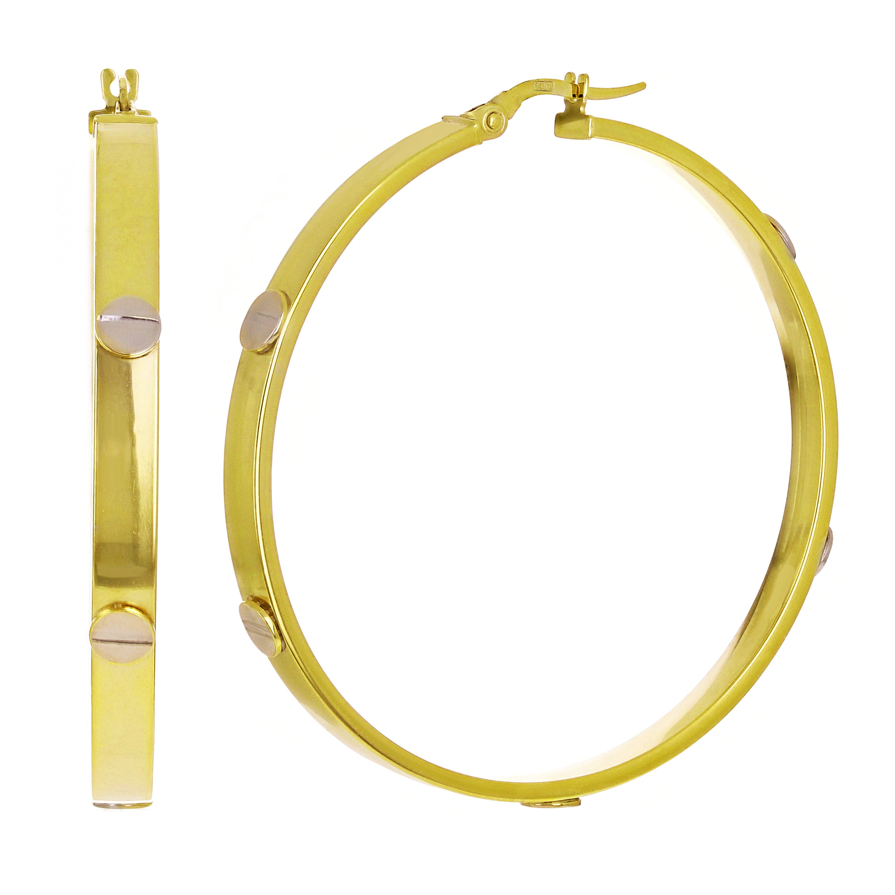Italian 14k Yellow & White Gold Hollow Love Screw Design Hoop Earrings 1.8" 4mm