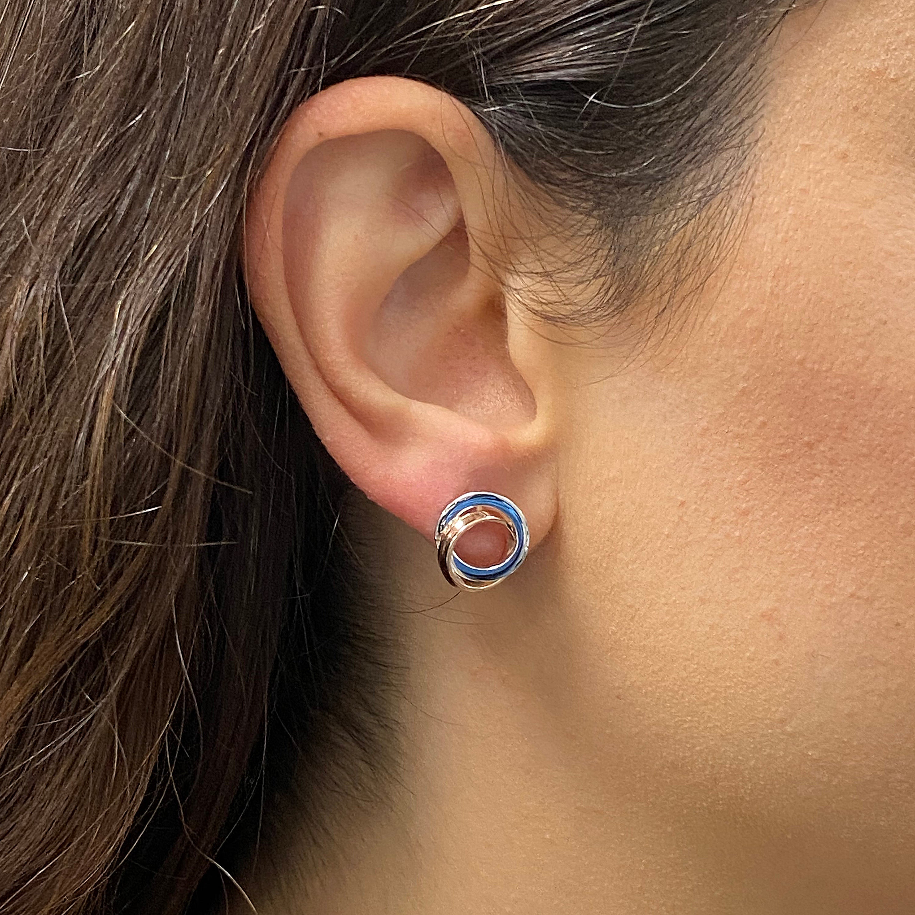 Italian 14k White & Rose Gold Double Entwined Eternity Circle Stud Earrings - Entwined Tubular