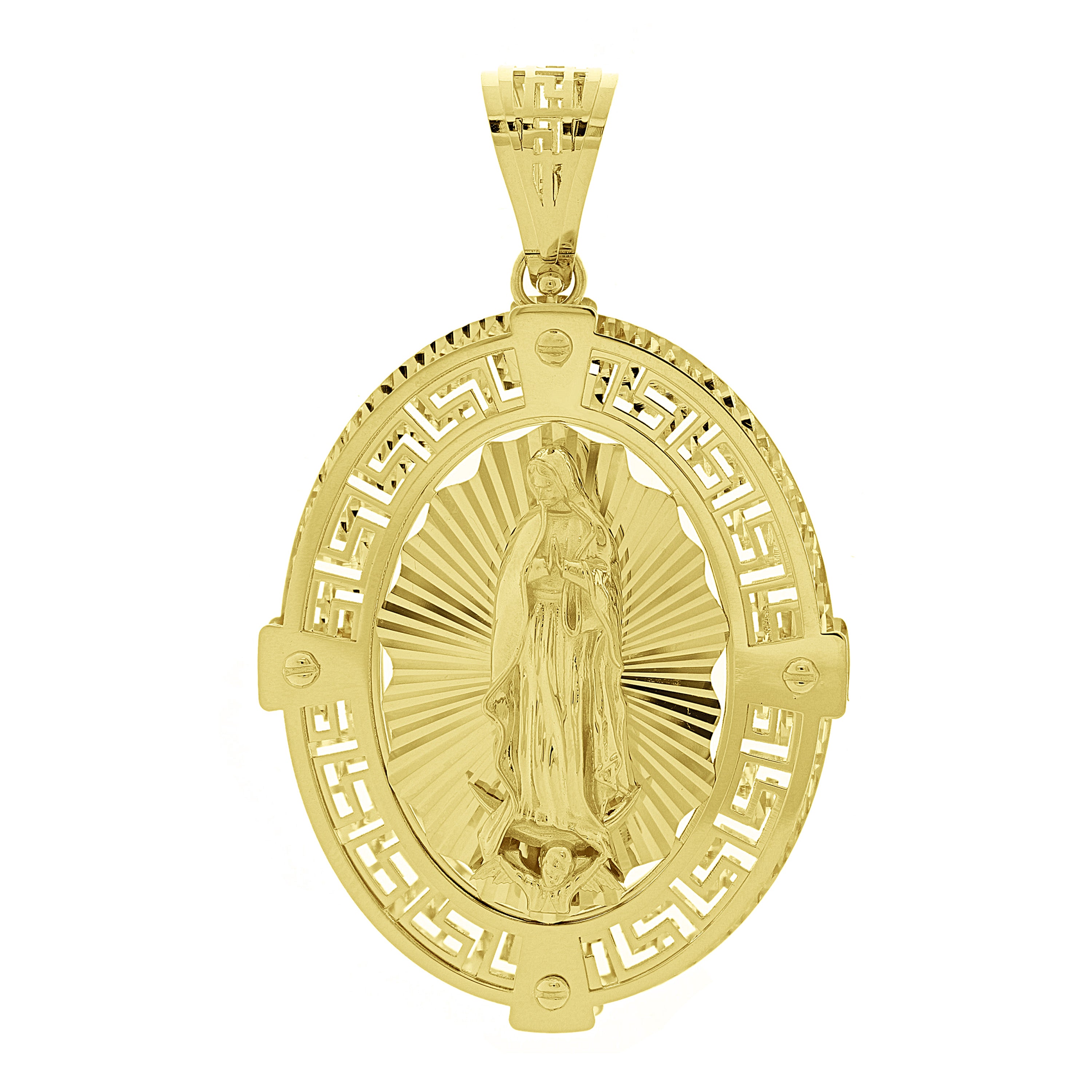 Italian 14k Yellow Gold 3D Double Sided Miraculous Mary Pendant 2.3" 9.7 grams