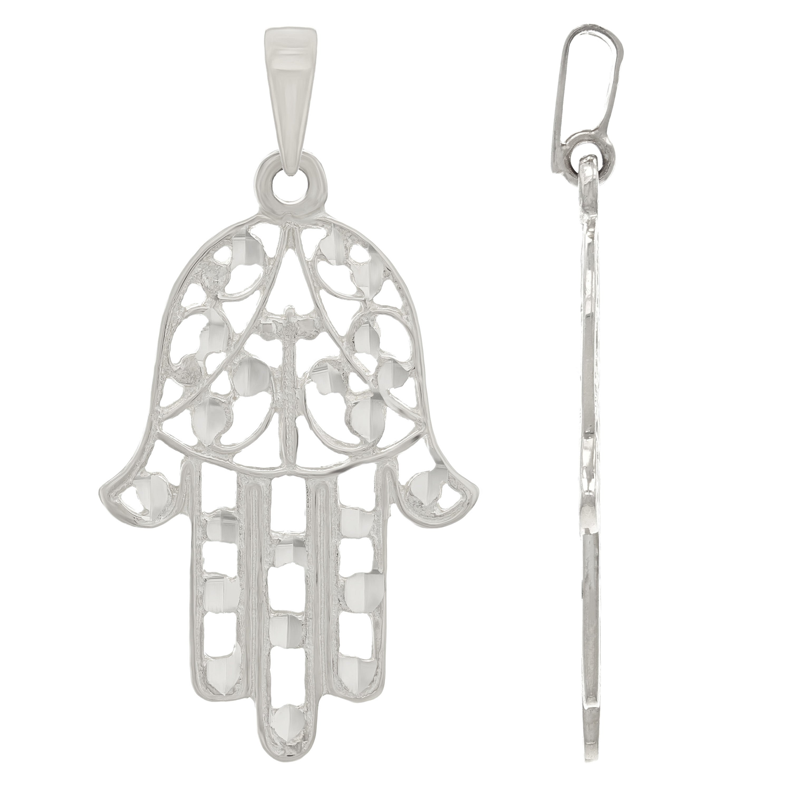 14k White Gold Hamsa Hand Of Fatima Evil Eye Pendant - White