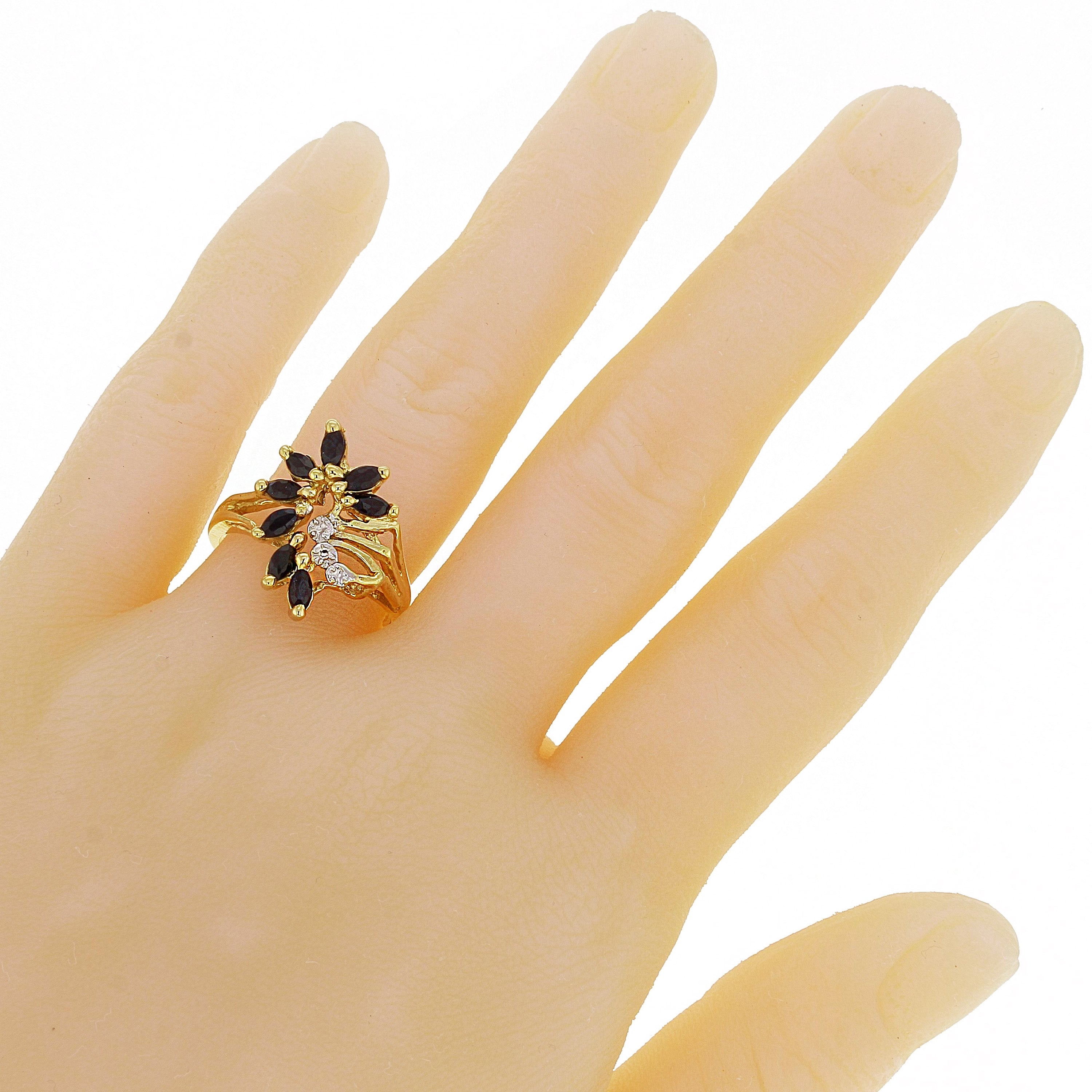 14k Yellow Gold Sapphire & Diamond Accent Floral Leaf Cluster Ring Size 7.5