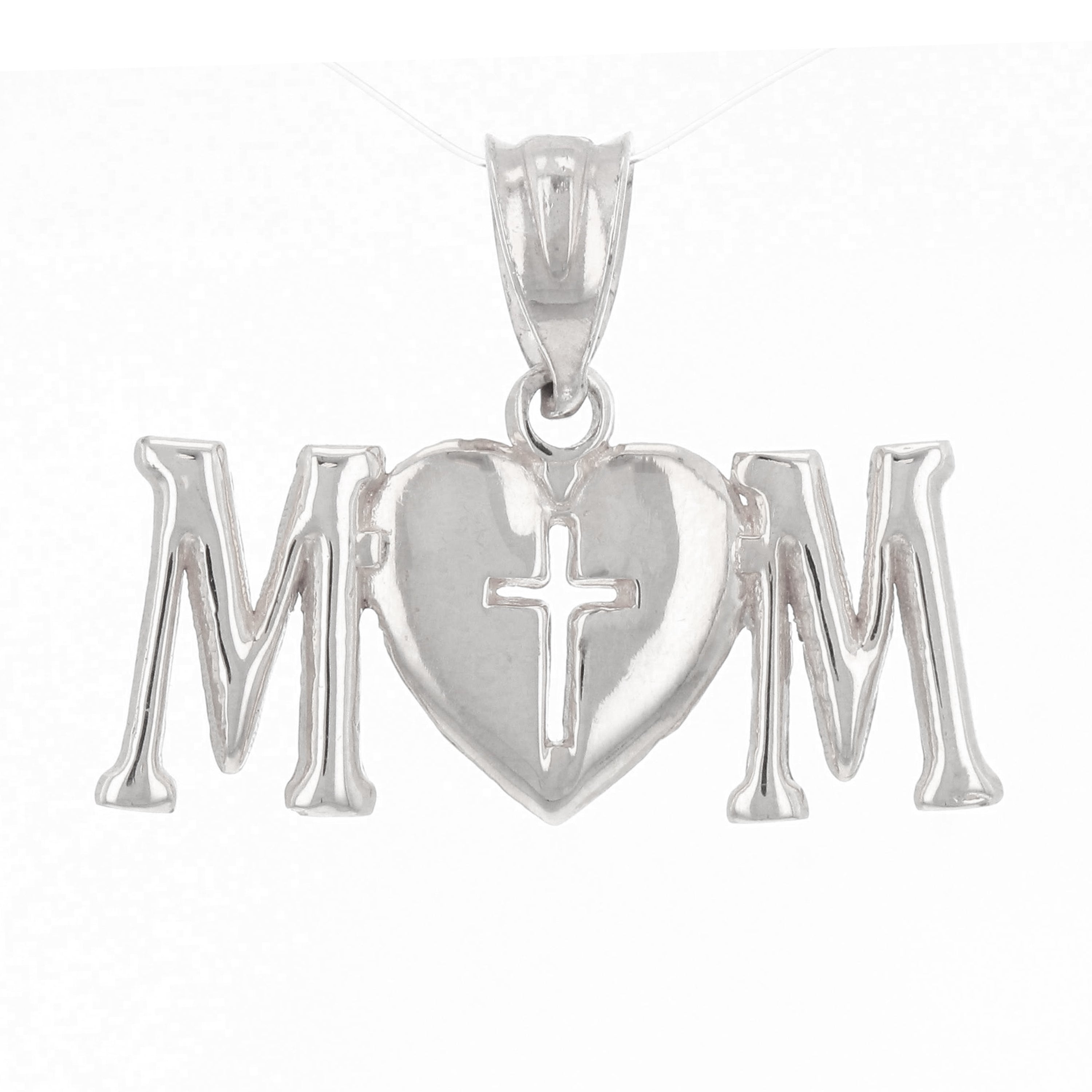14k White Gold MOM Charm Pendant with Heart & Cross Mother's Day Gift 1.4 grams - White
