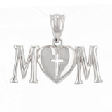 14k White Gold MOM Charm Pendant with Heart & Cross Mother's Day Gift 1.4 grams - White