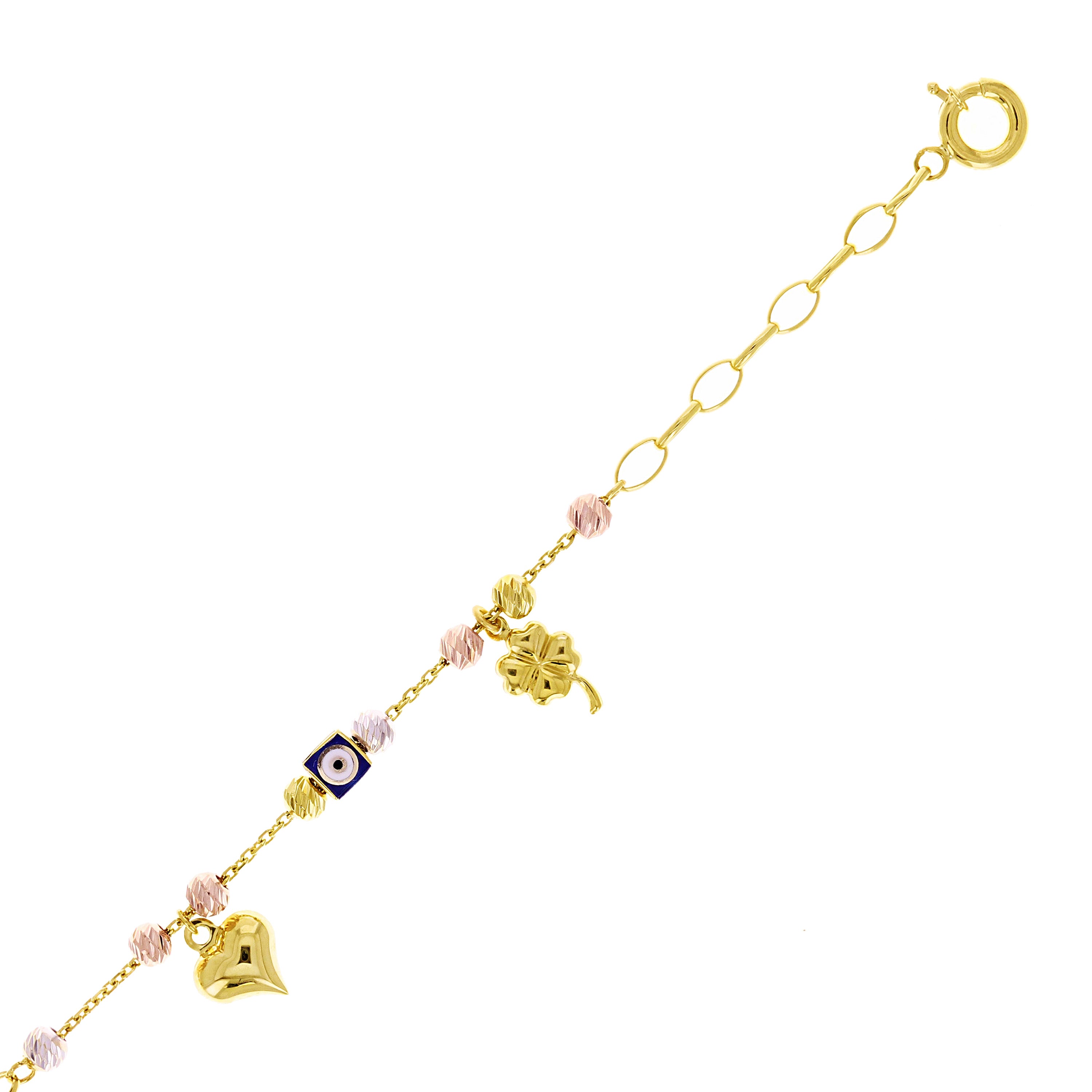 Italian 14k Tri Color Gold Evil Eye Heart Clover Leaf Charm Bracelet 8" 4.5grams