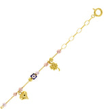 Italian 14k Tri Color Gold Evil Eye Heart Clover Leaf Charm Bracelet 8" 4.5grams