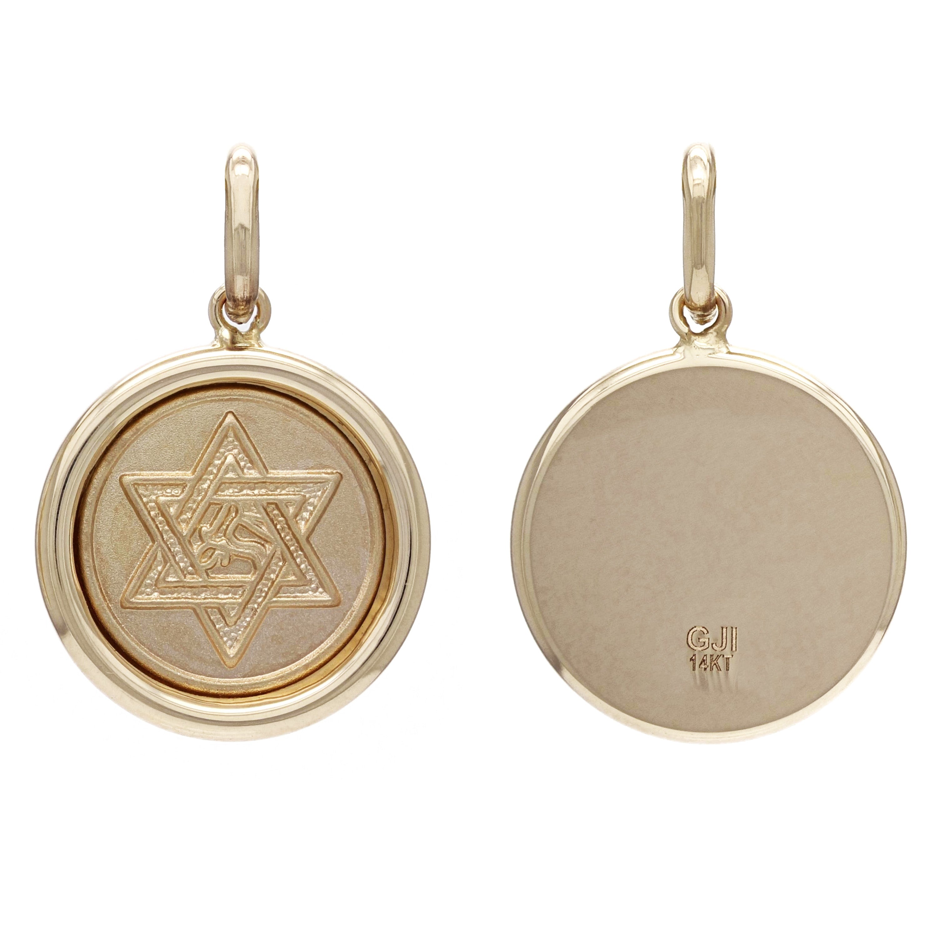 14k Yellow Gold Embossed Star of David with Chai Symbol Round Medal Pendant 1.2g