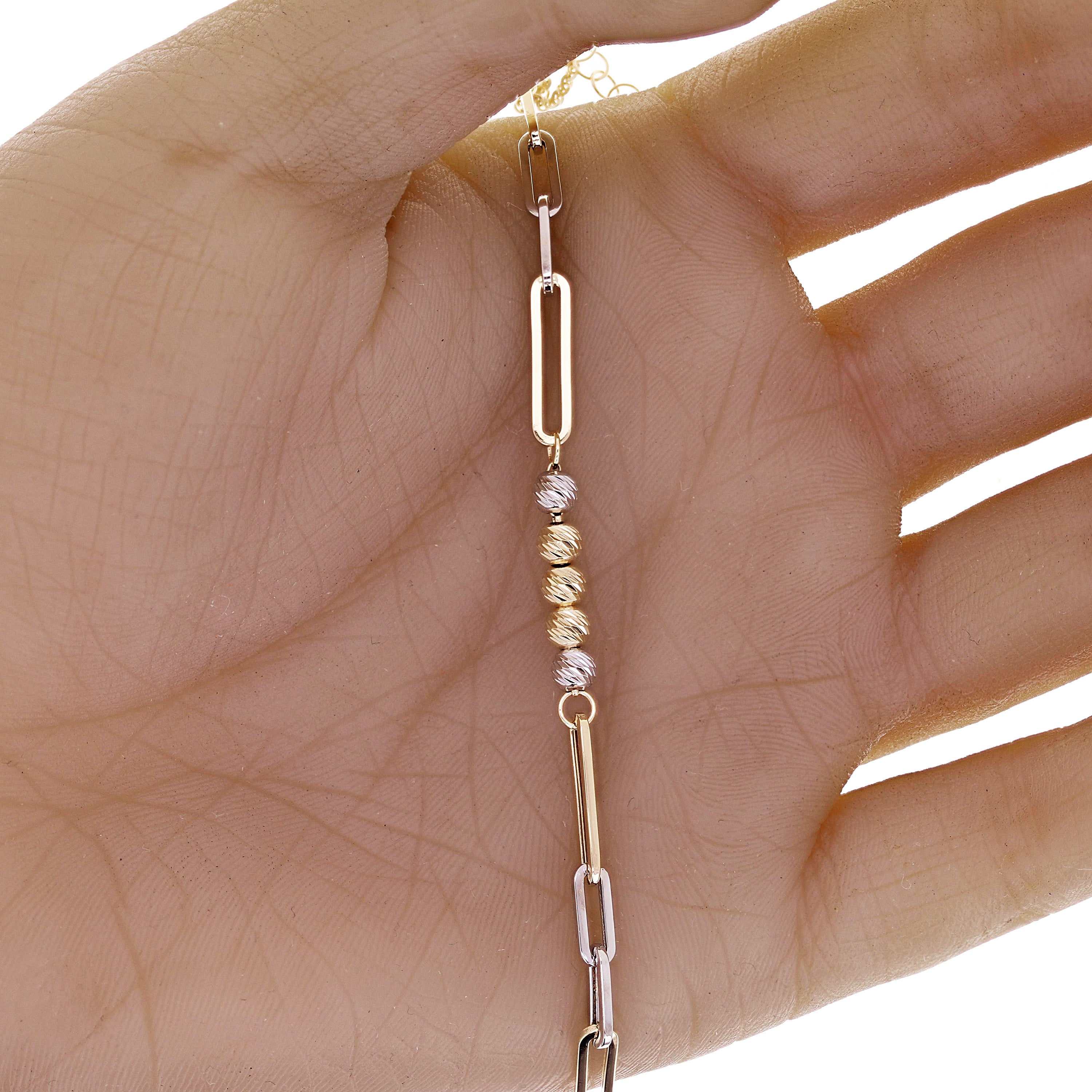 Italian 14k Two Tone Gold Ball Bead & Paper Clip Link Bracelet 7.5" 3 grams