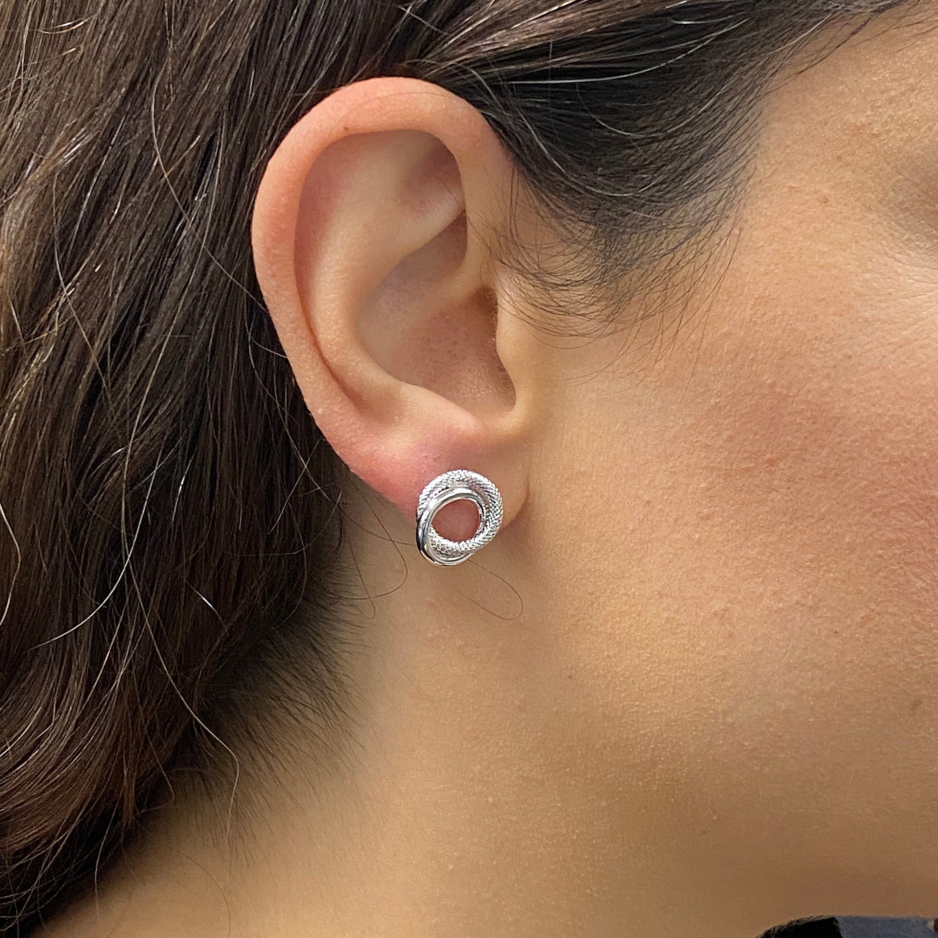 Italian 14k White Gold Rope Shiny Double Eternity Circle Knot Stud Earrings - White