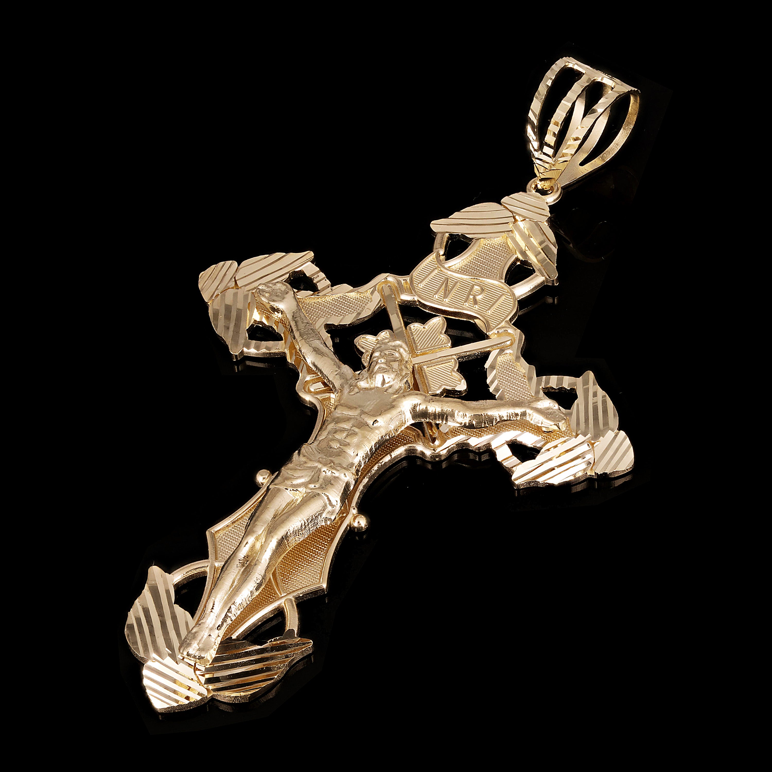 14k Yellow Gold INRI Christ Passion Cross Crucifix Pendant 3.9" 25 grams