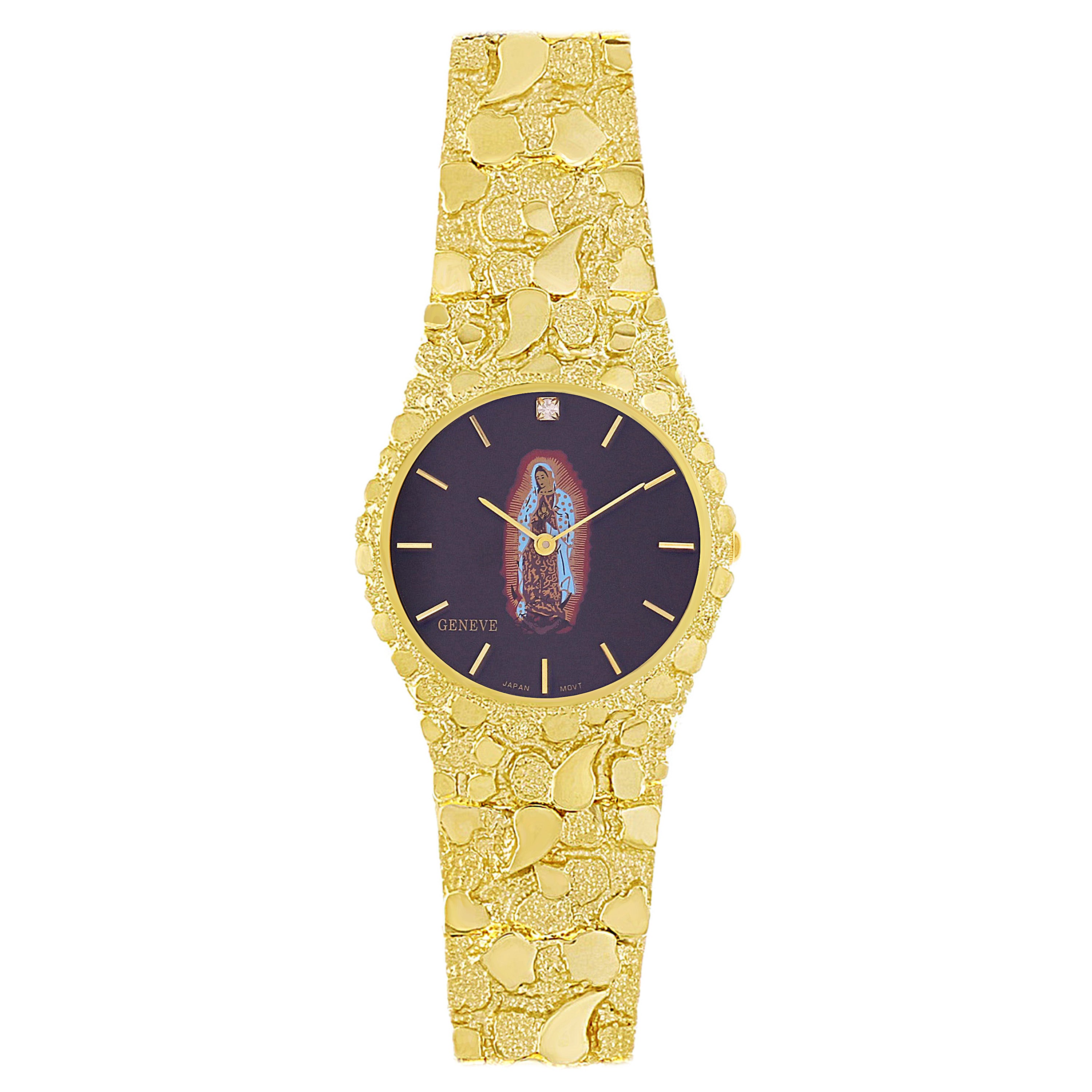 14k Yellow Gold Lady of Guadalupe Geneve Diamond Watch Nugget Band 7-7.5" 53 grams - 7.5" 53 grams