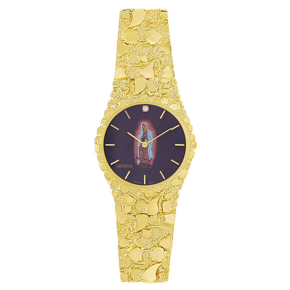 10k Yellow Gold Lady of Guadalupe Geneve Diamond Watch Nugget Band 7-7.5